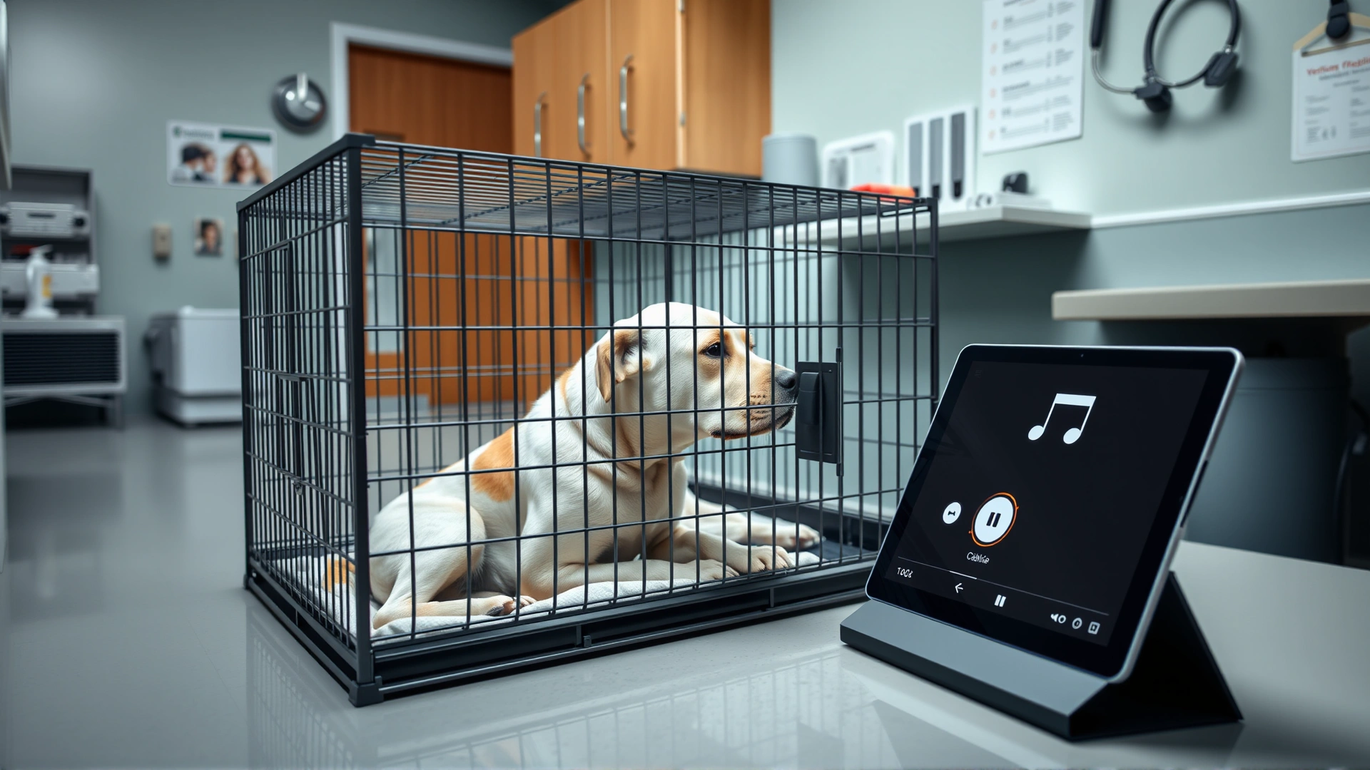 Veterinary clinic room where a nervous dog in a crate is being calmed by gentle music from a tablet placed nearby, clinical but friendly environment, no text.