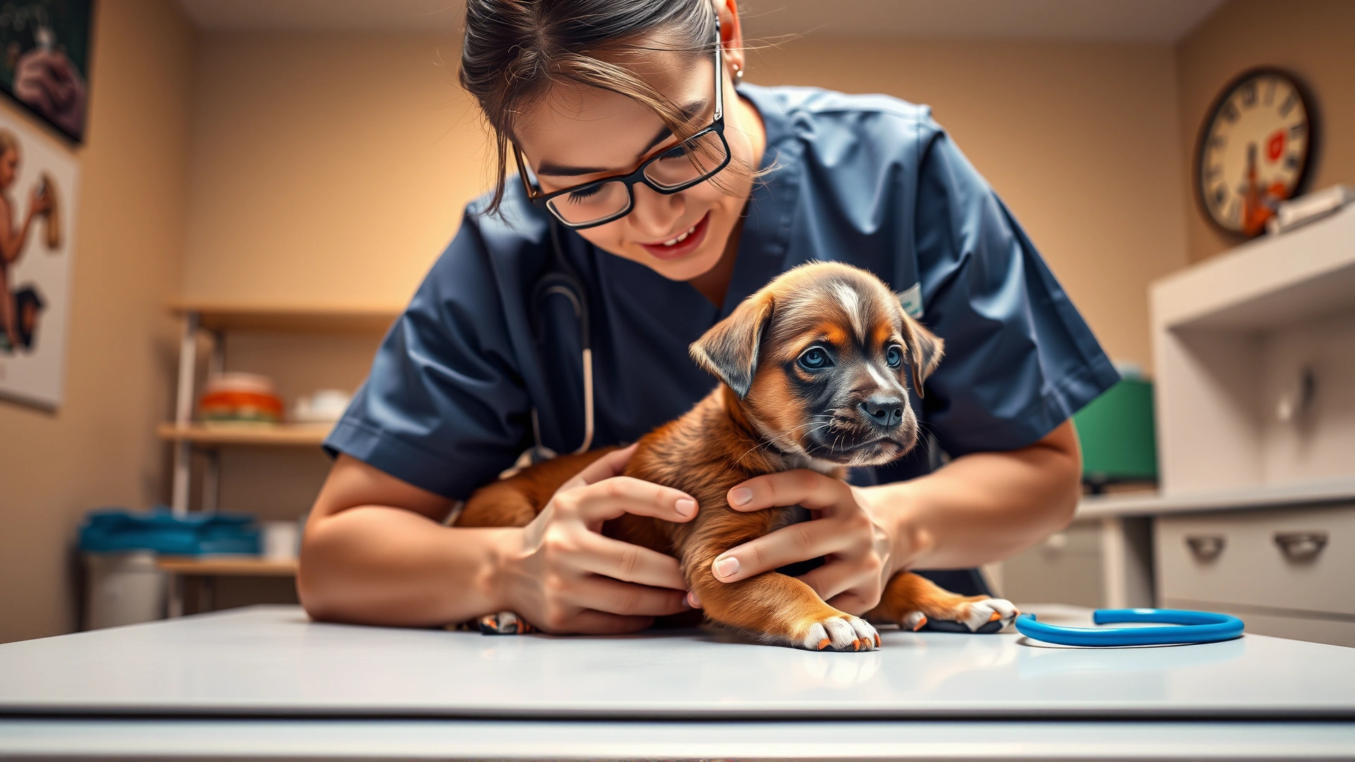 Veterinarian gently examining a young puppy on a clinic table, stethoscope visible, warm lighting, professional environment