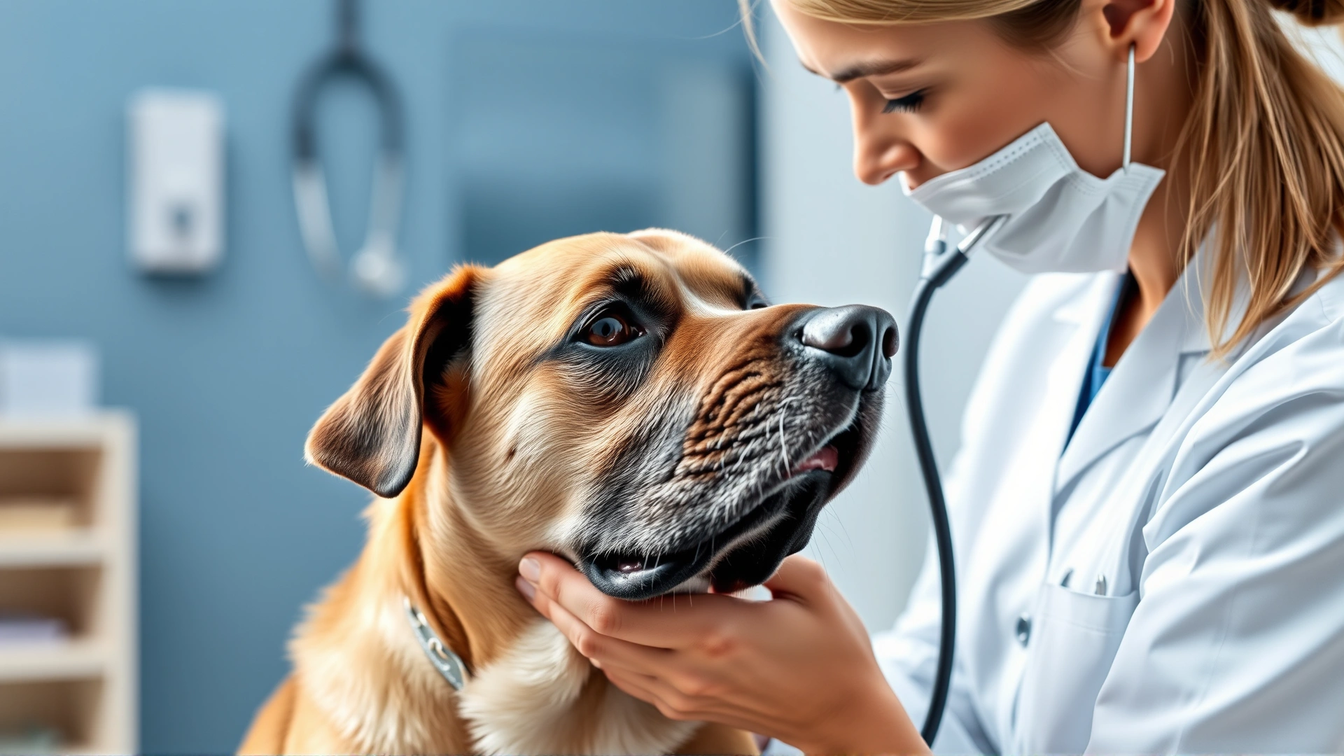 Veterinarian examining a senior blind dog using a stethoscope in a modern clinic
