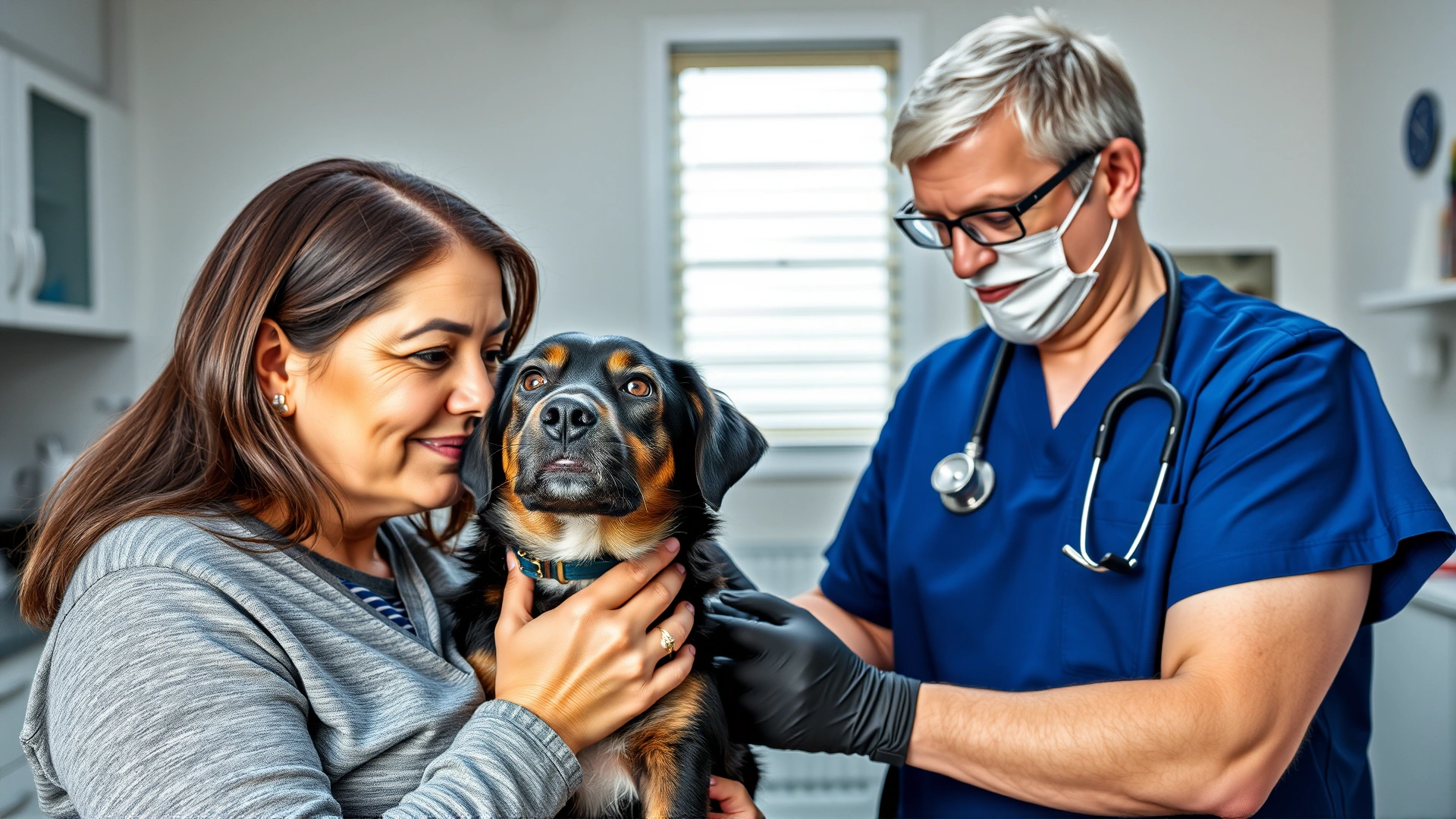 Concerned pet owner holding their dog in a bright veterinary clinic while a veterinarian examines the dog.