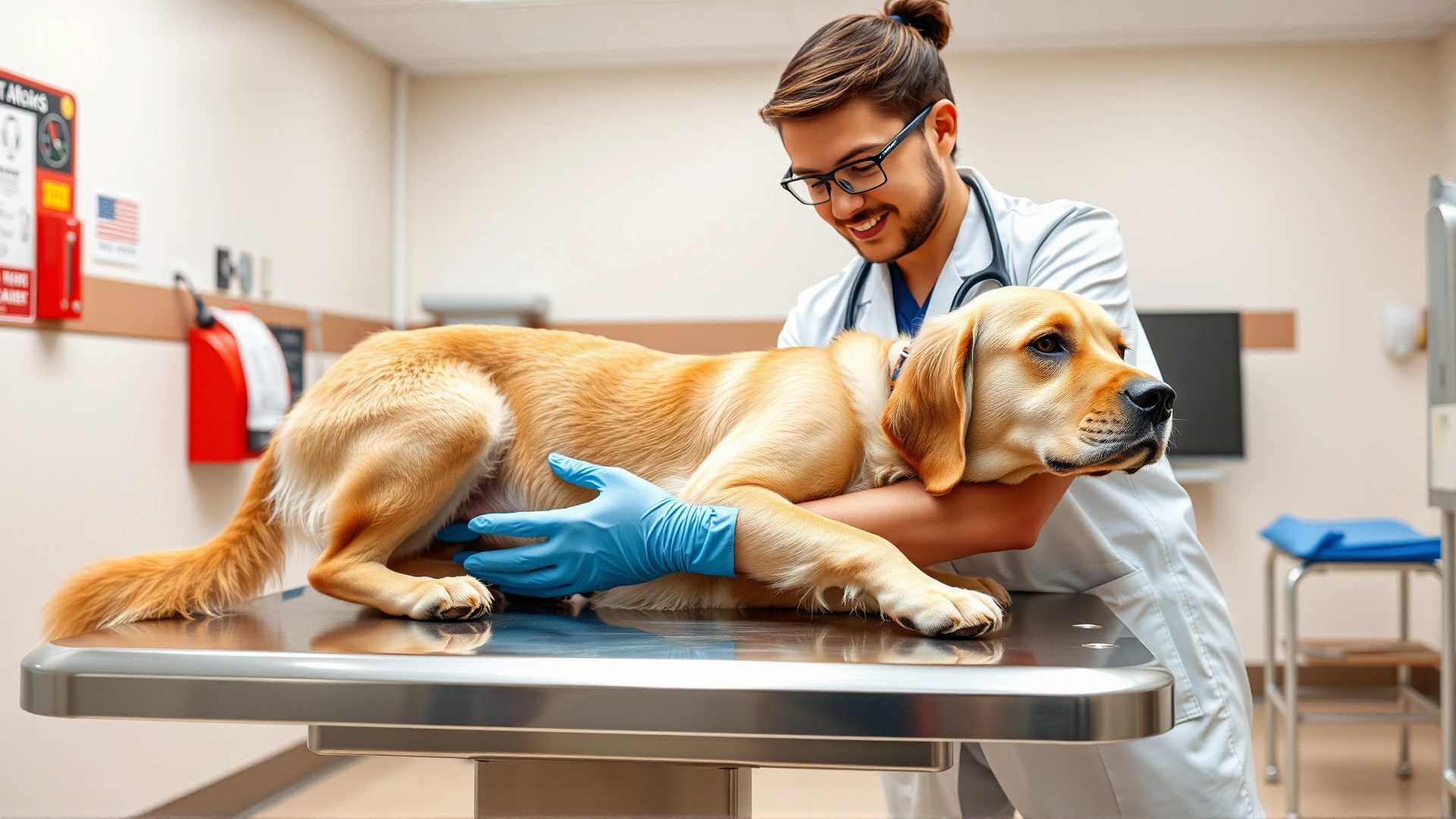 A friendly veterinarian examining a calm golden retriever on a stainless steel exam table in a bright clinic.