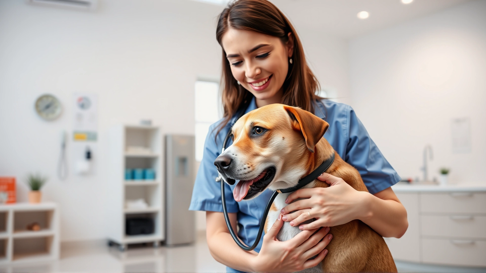 Friendly female veterinarian listening to a medium-sized dog’s chest with a stethoscope in a modern, brightly lit clinic
