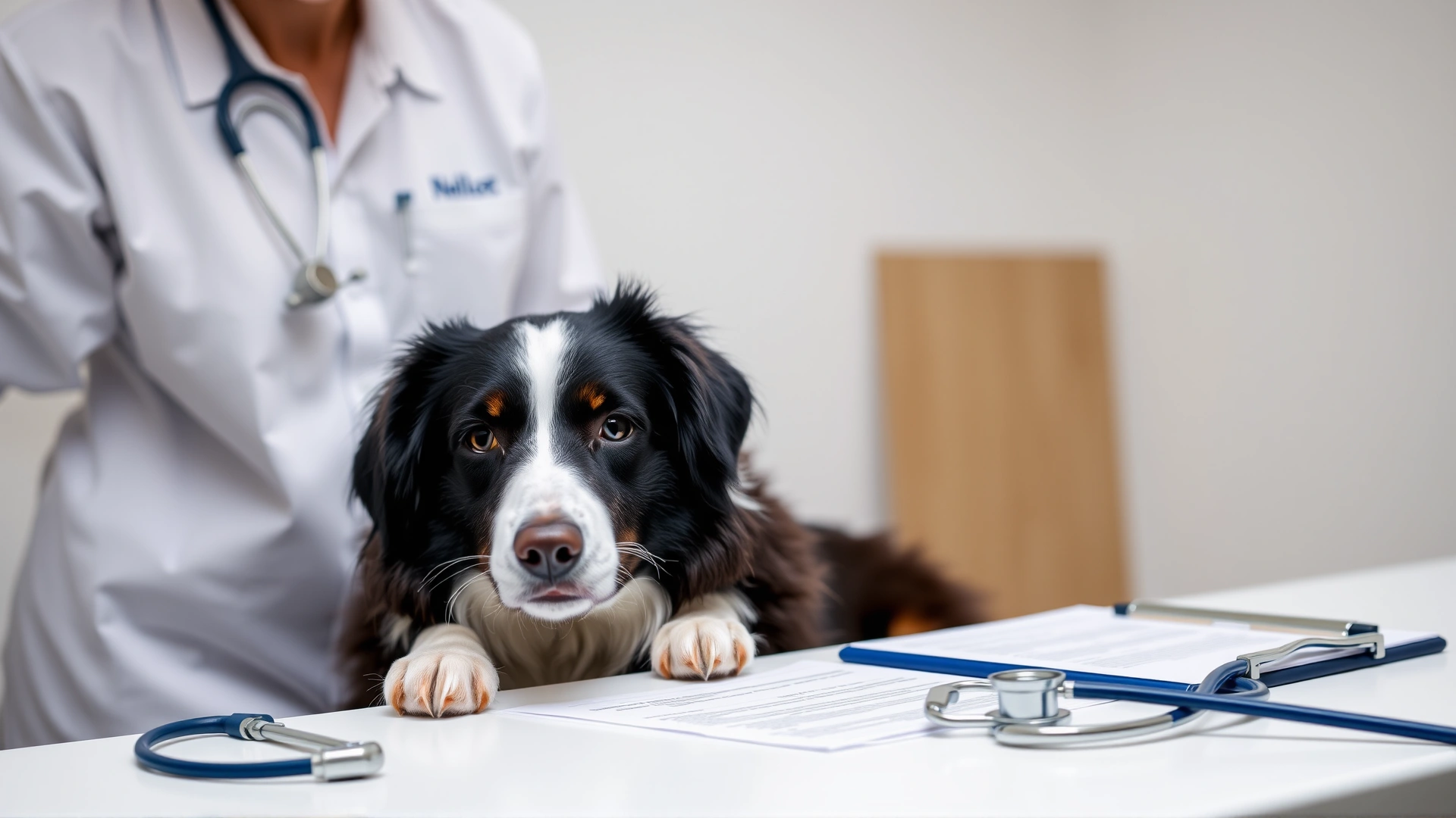 Close-up of a dog owner signing insurance forms while a calm Border Collie sits on the vet table; stethoscope and clipboard in the frame to illustrate how pet insurance works.