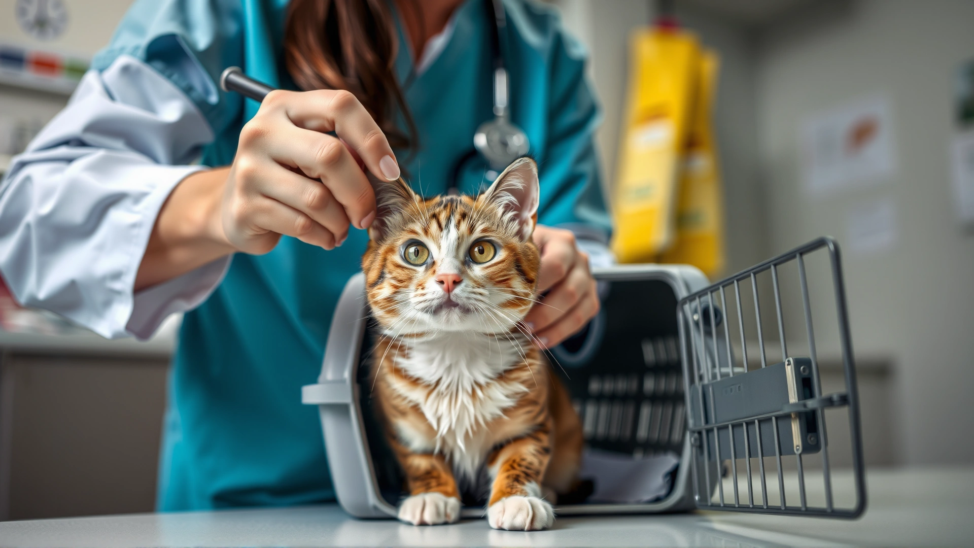 Veterinarian gently examining a cat inside a carrier at a clinic, highlighting pre-travel checkup