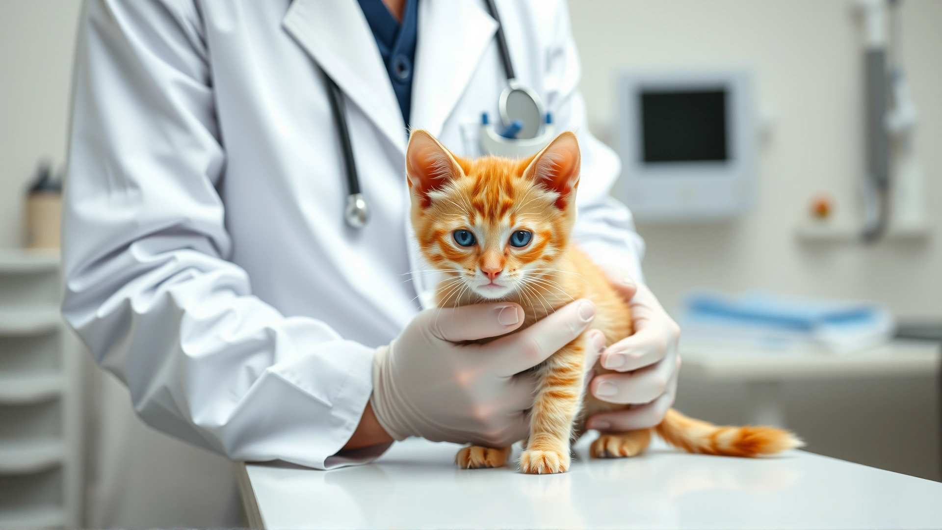 Friendly veterinarian wearing a white coat gently examining a 7-week-old orange kitten on a clinic table, medical equipment blurred in background.
