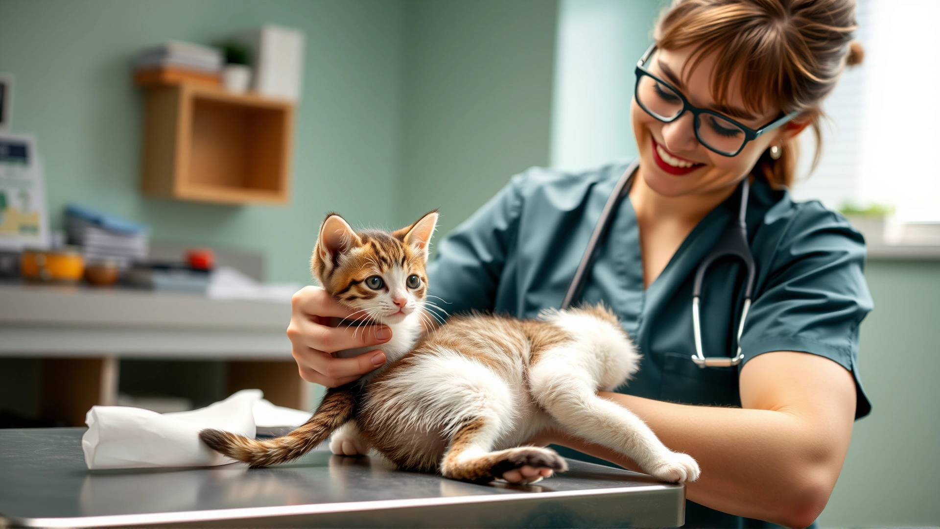 Smiling veterinarian gently examining a young kitten on a clinic table, showcasing first health check.