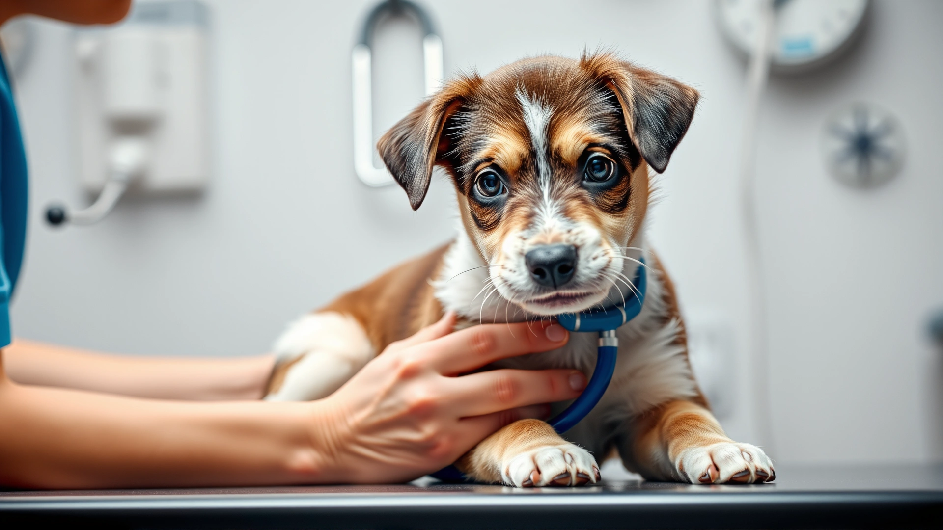 A veterinarian gently examining a young dog on an exam table, stethoscope visible.