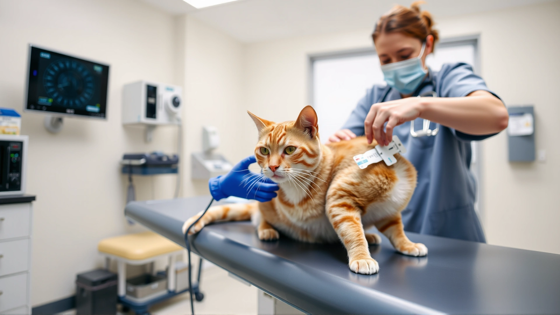 Image of a veterinarian in a modern clinic administering intravenous fluids to a calm orange tabby cat on an examination table