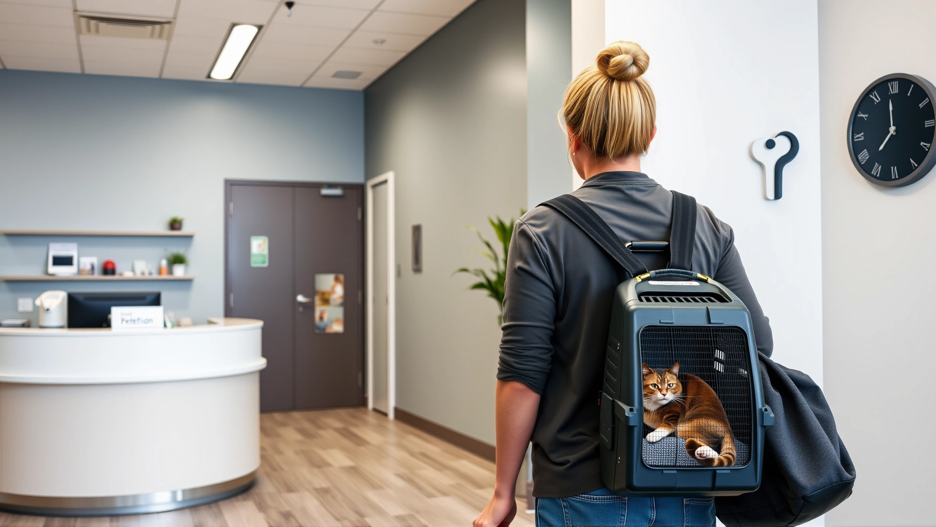 Owner carrying a cat in a carrier while entering a modern veterinary clinic reception desk