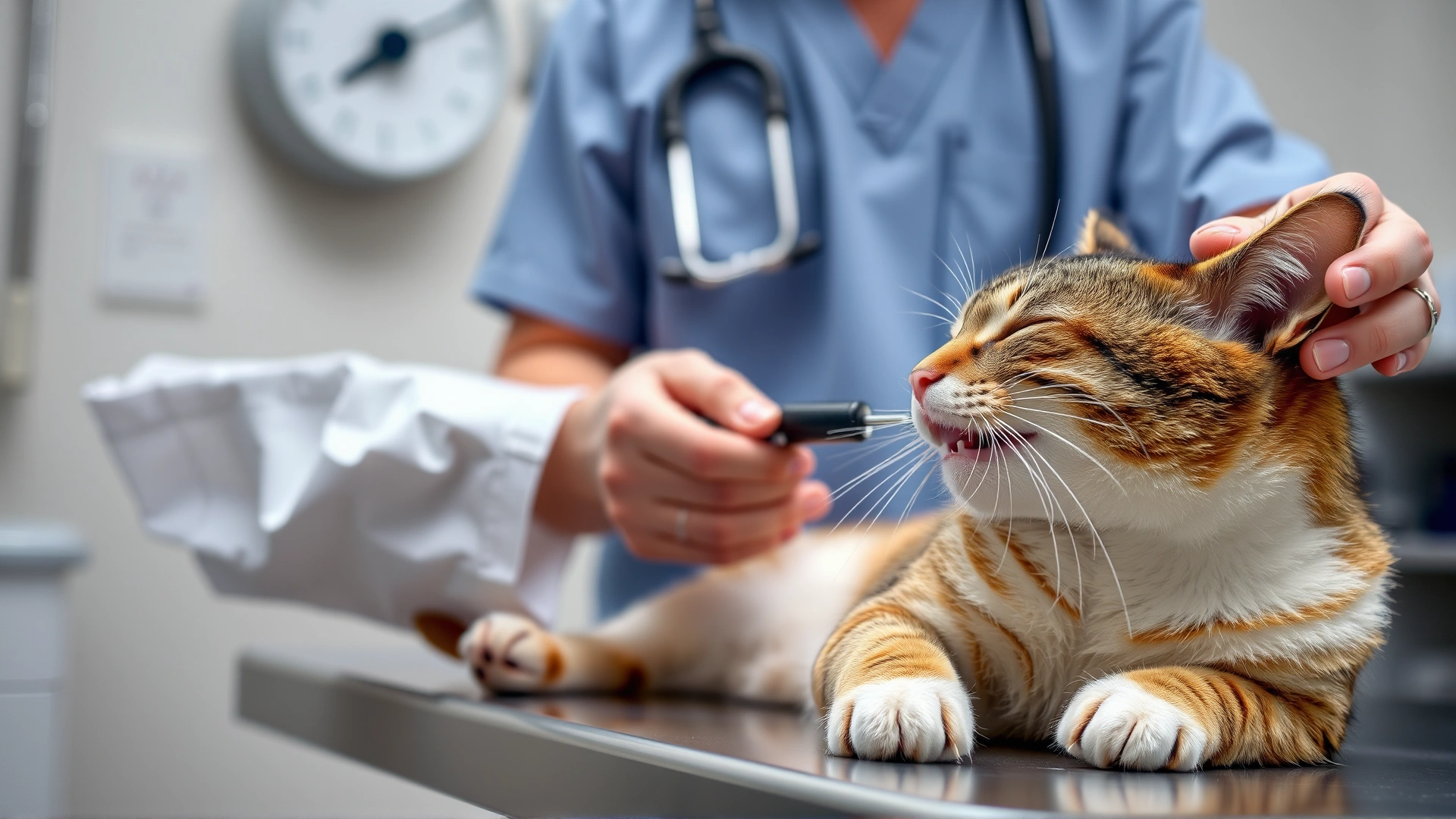 Veterinarian examining a cat's mouth on an exam table in a clinic setting, cat appears calm