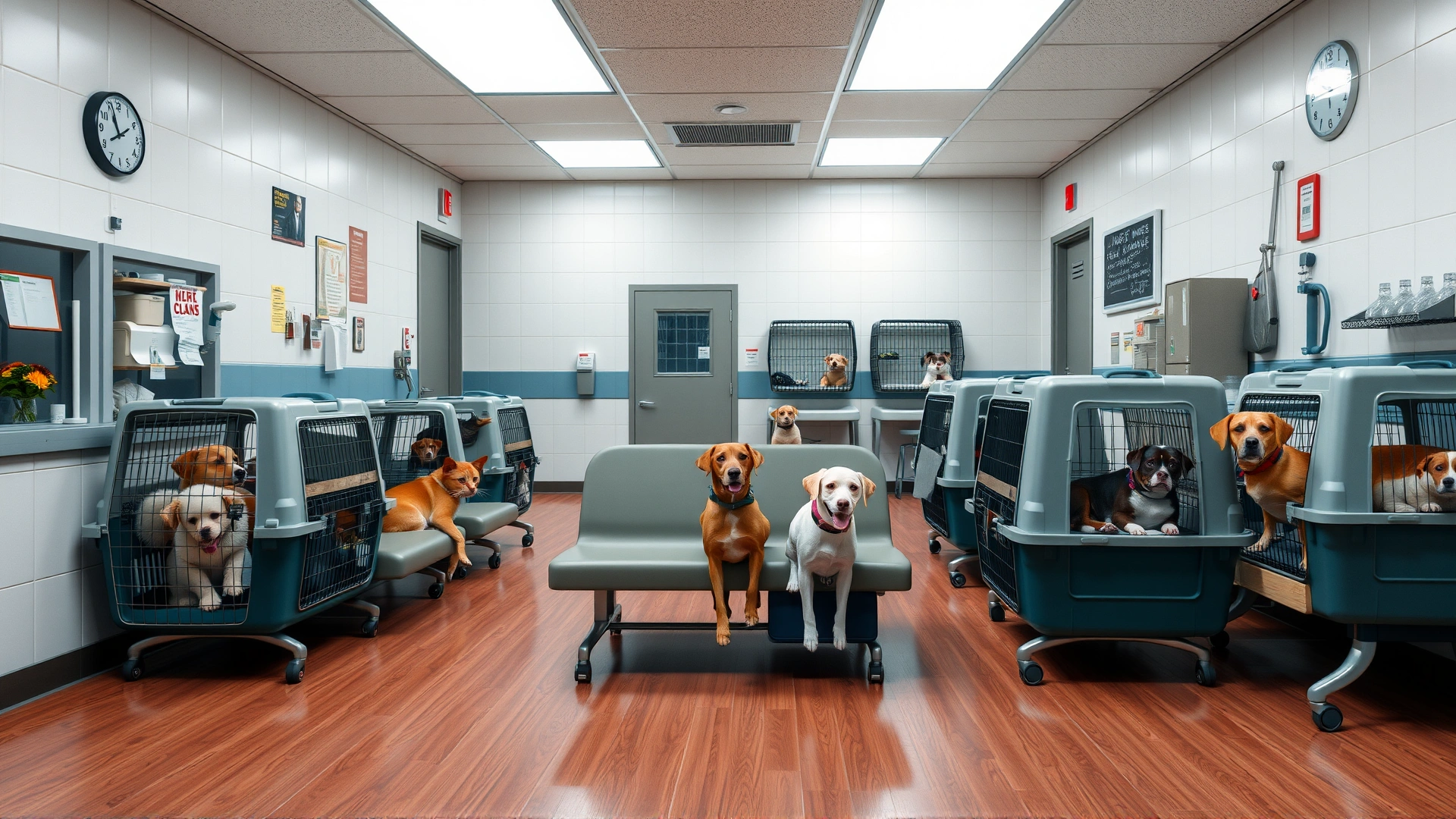 Waiting room of a veterinary clinic with various pets in carriers, subtle focus on cleanliness yet potential for cross-contamination.