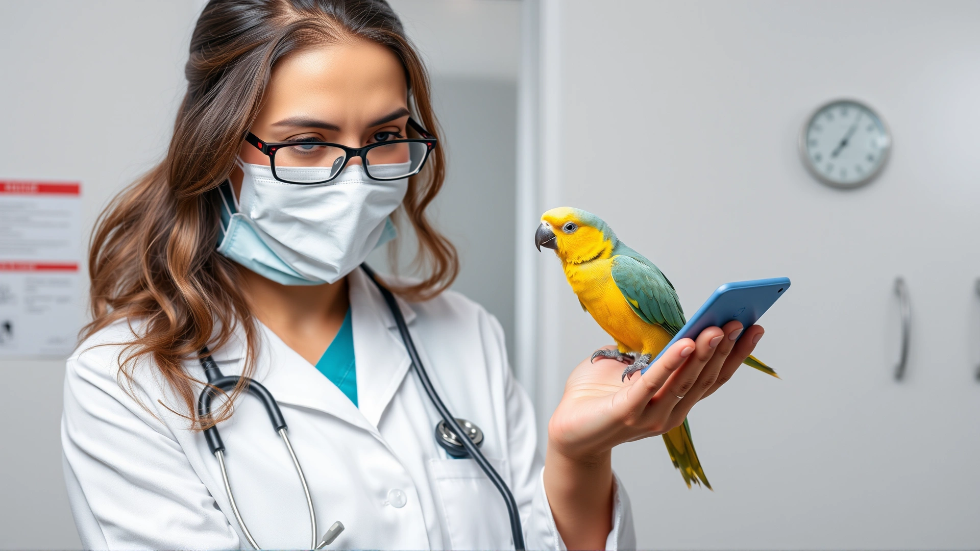 Friendly avian veterinarian holding a small parrot on hand while examining it with a stethoscope in a well-lit clinic room.