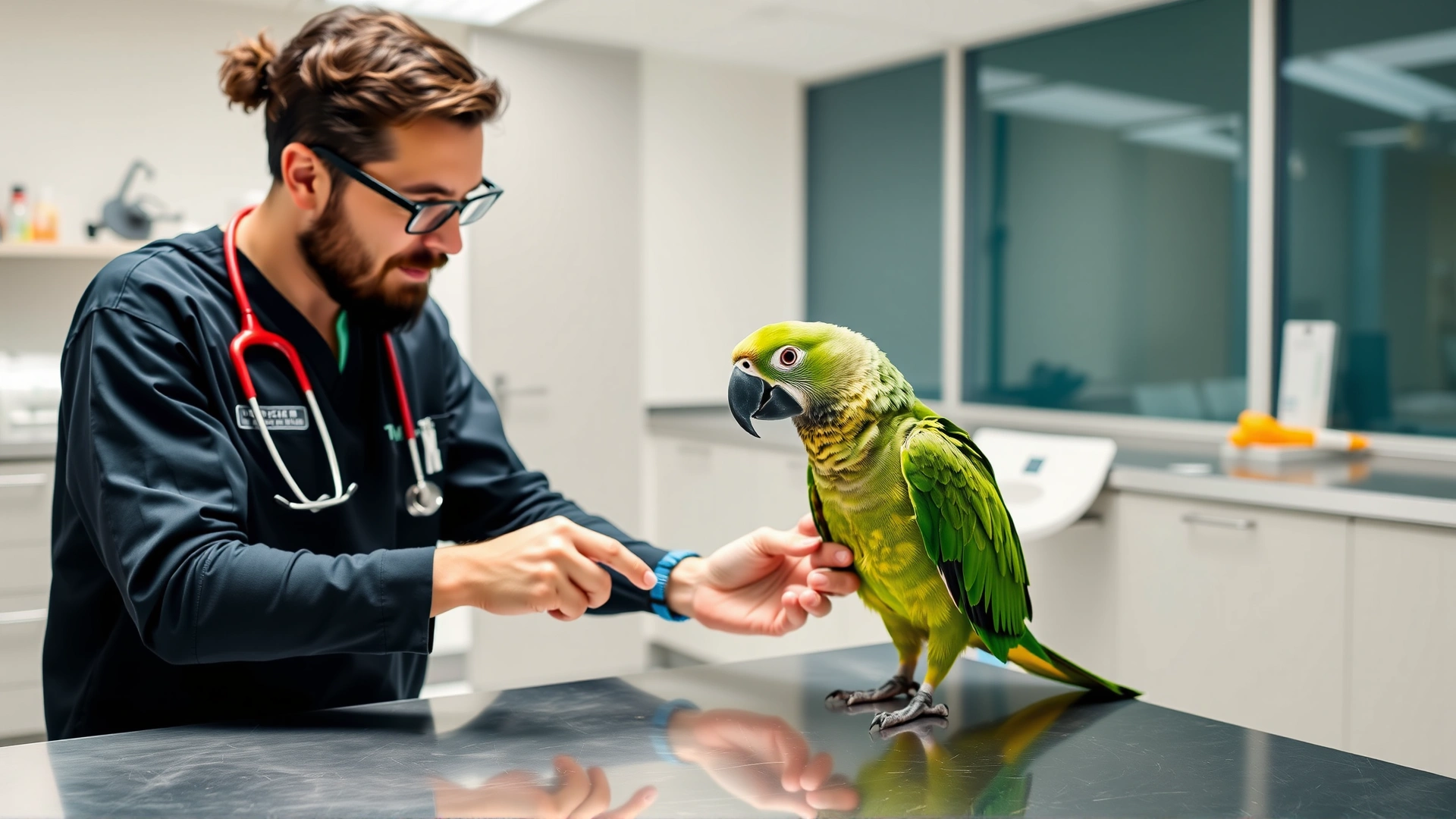Friendly avian veterinarian examining a green Amazon parrot on a stainless steel table in a bright, modern clinic.
