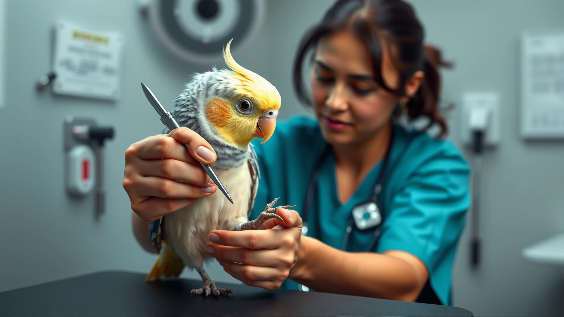 Avian veterinarian wearing scrubs carefully trimming a cockatiel's nails on an examination table, clinical setting.