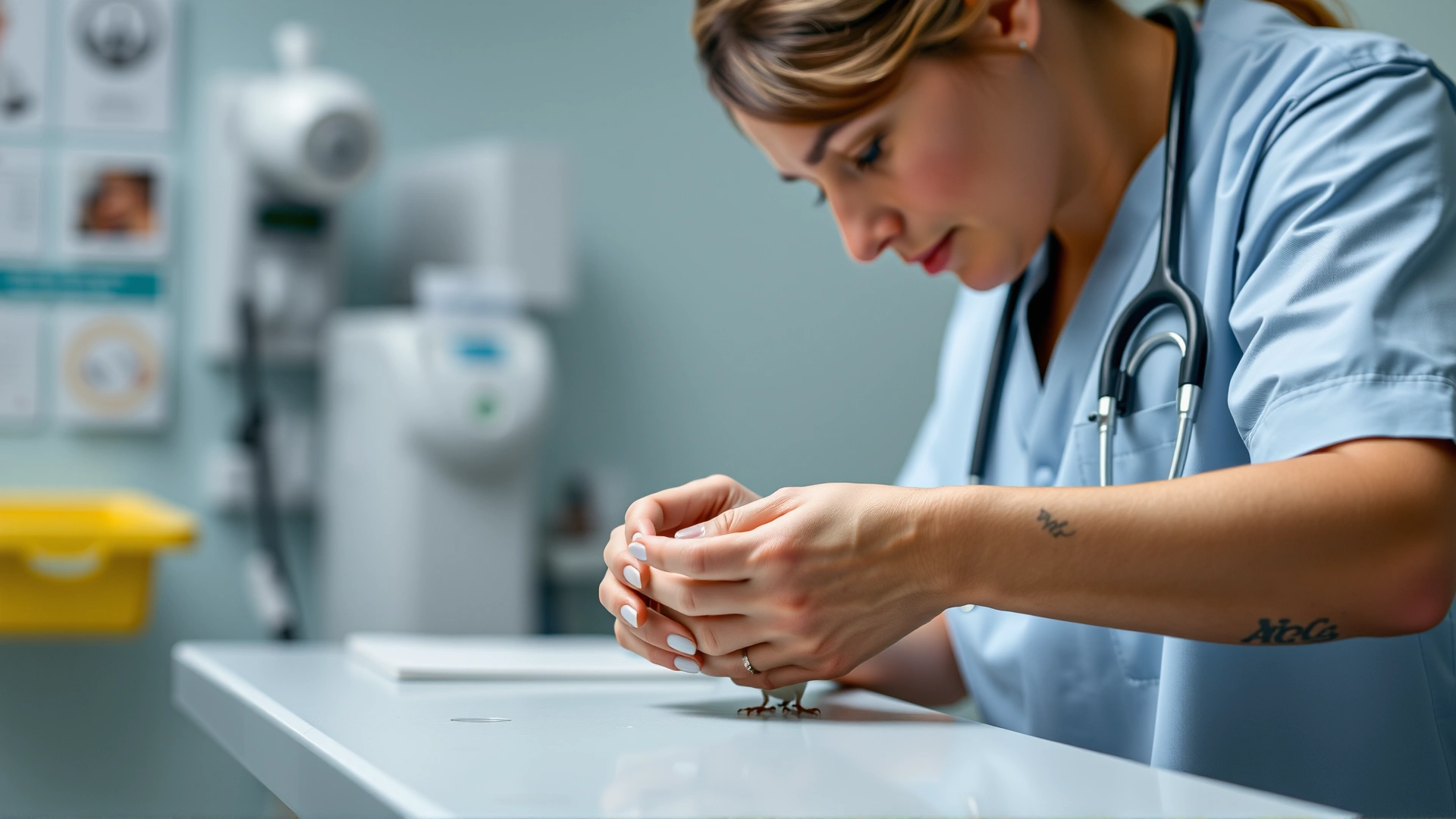 Veterinarian gently examining a small parakeet on a clinic table, medical equipment blurred in background, reassuring atmosphere