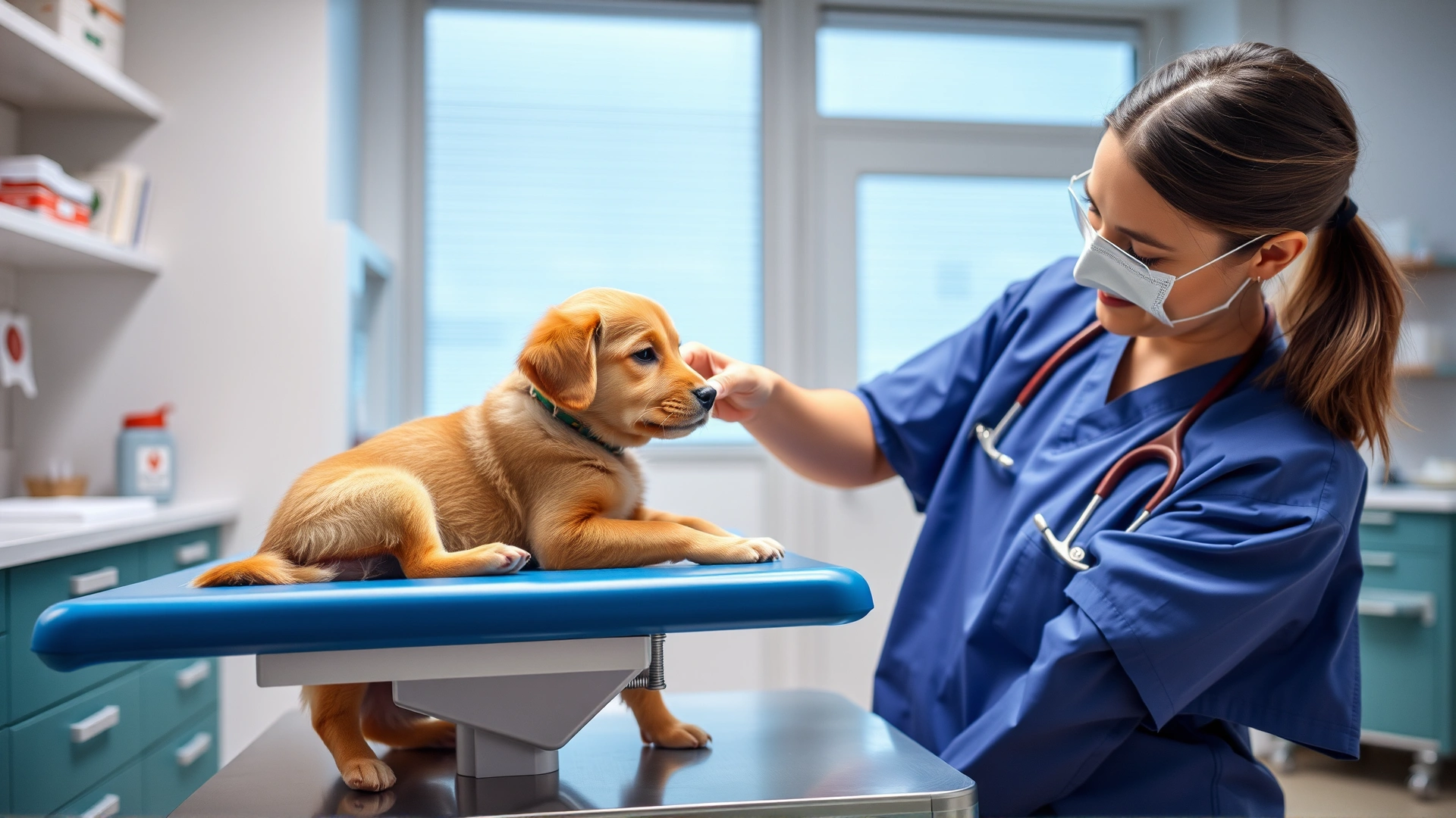 Friendly veterinarian gently examining a young puppy on an examination table inside a bright clinic.