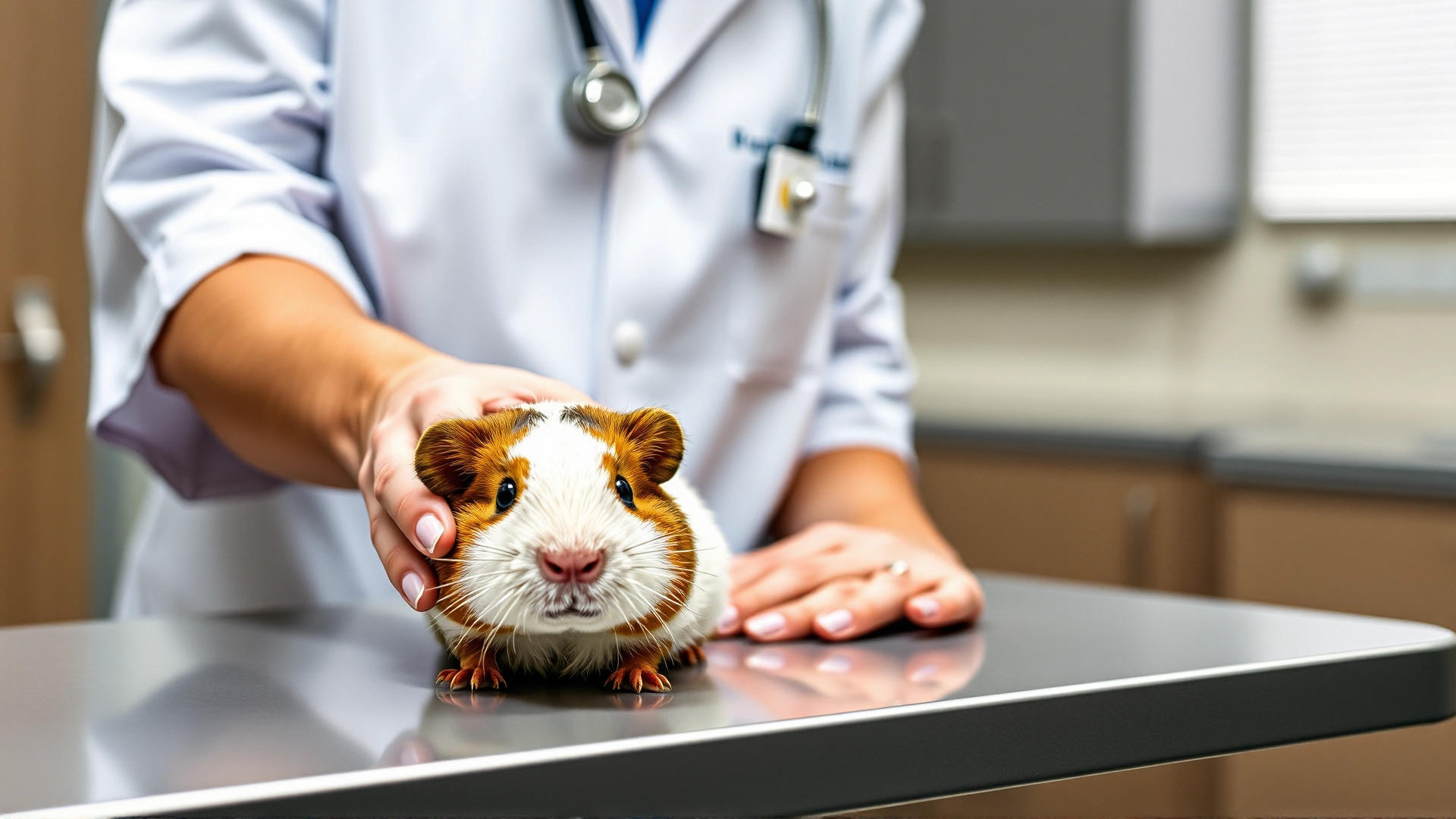 Veterinarian gently examining a guinea pig on a clinic examination table