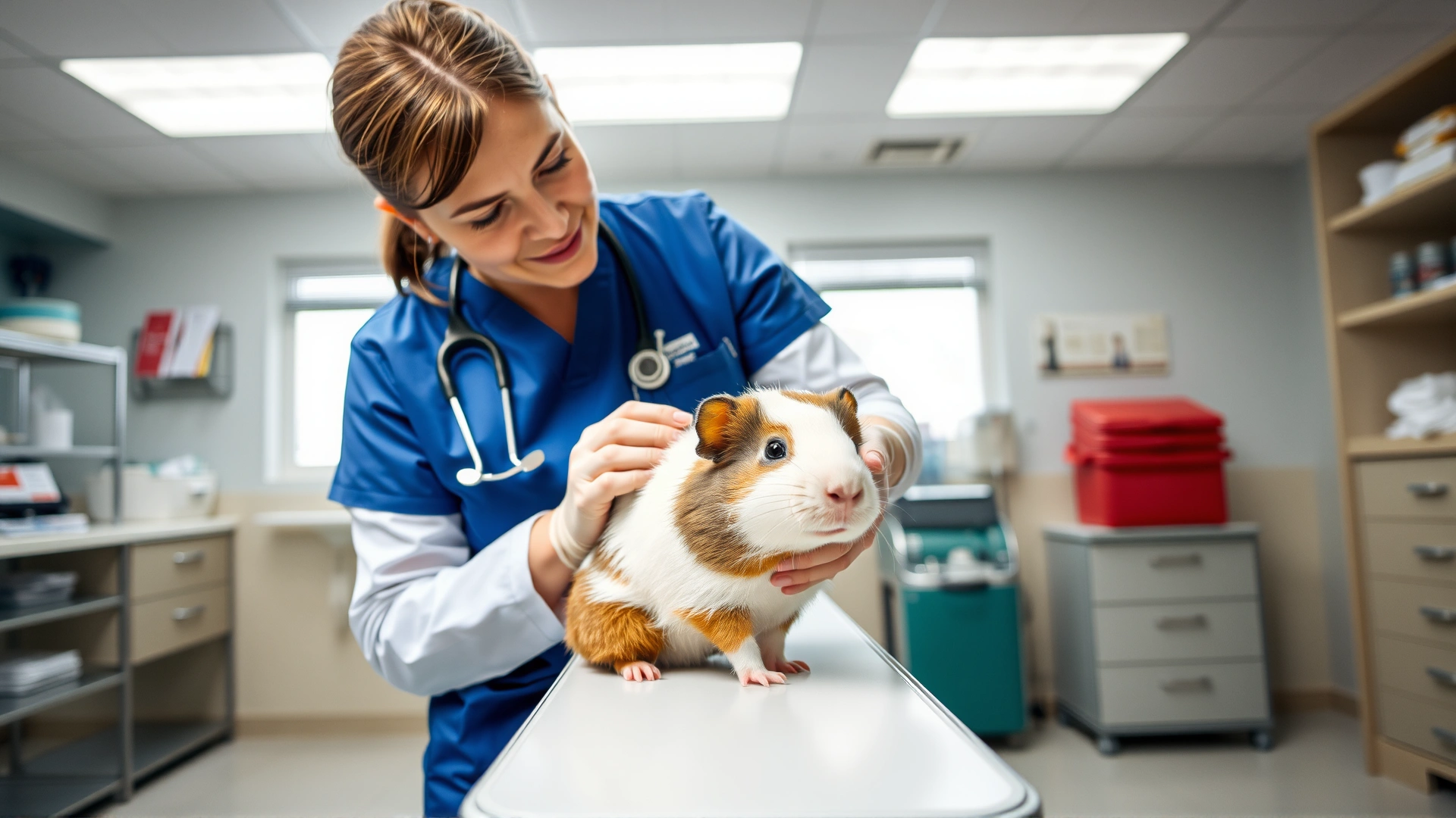 Image of a veterinarian gently examining a guinea pig on an examination table in a bright veterinary clinic