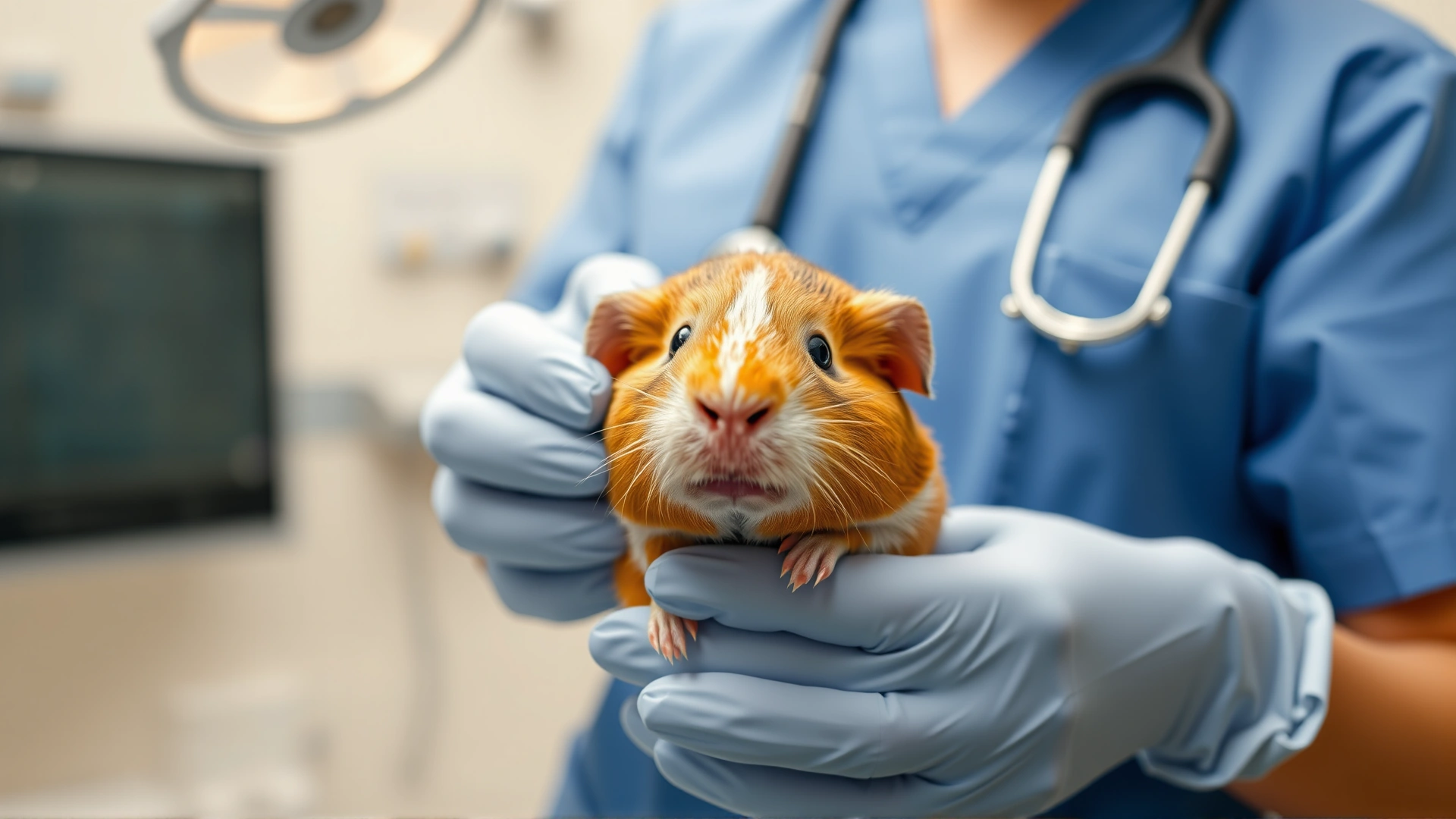 Veterinarian holding and comforting a guinea pig after a successful dental procedure, clinic background softly blurred