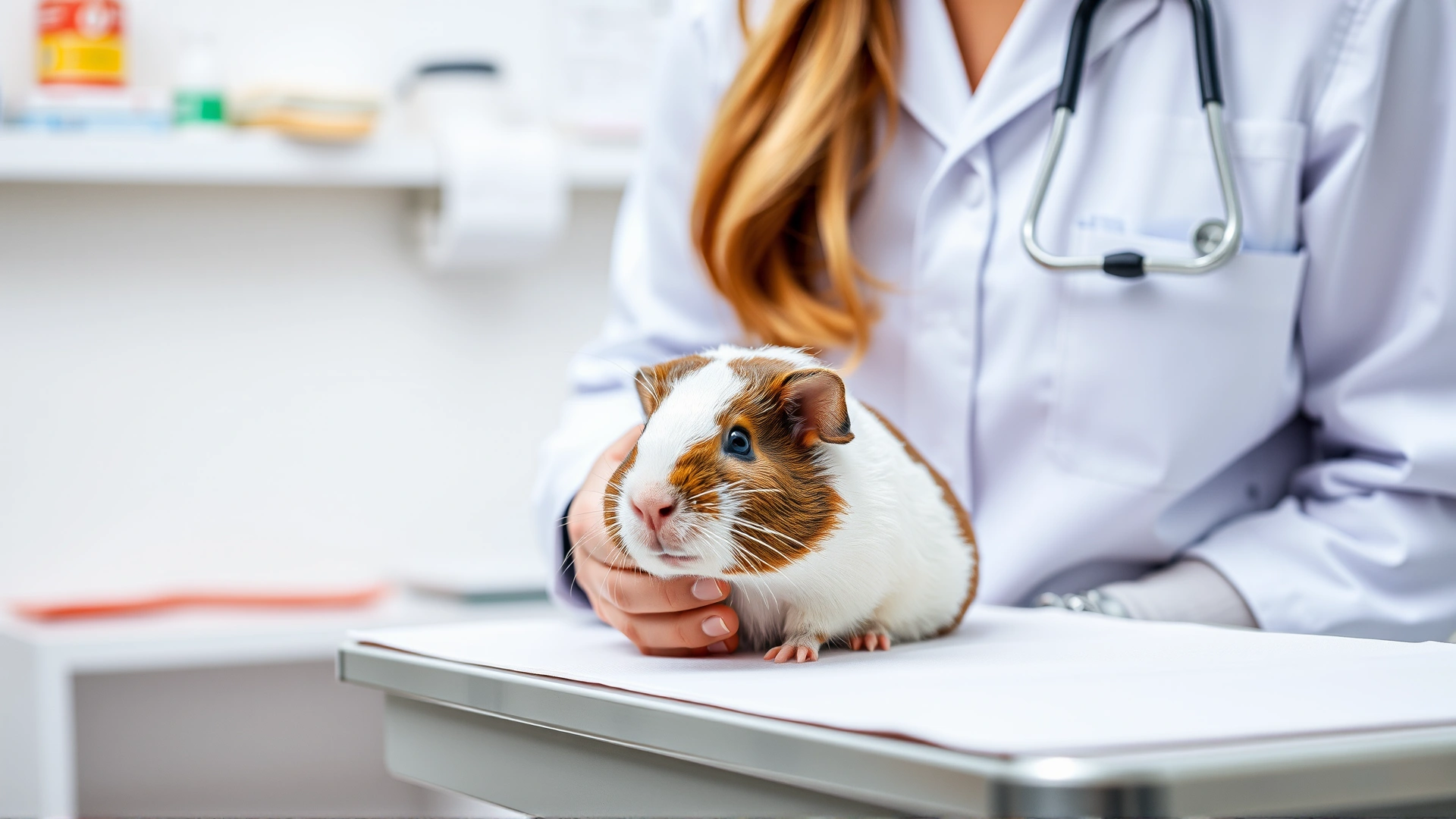 Veterinarian gently examining a guinea pig on a clinic table, stethoscope visible, bright clinical setting