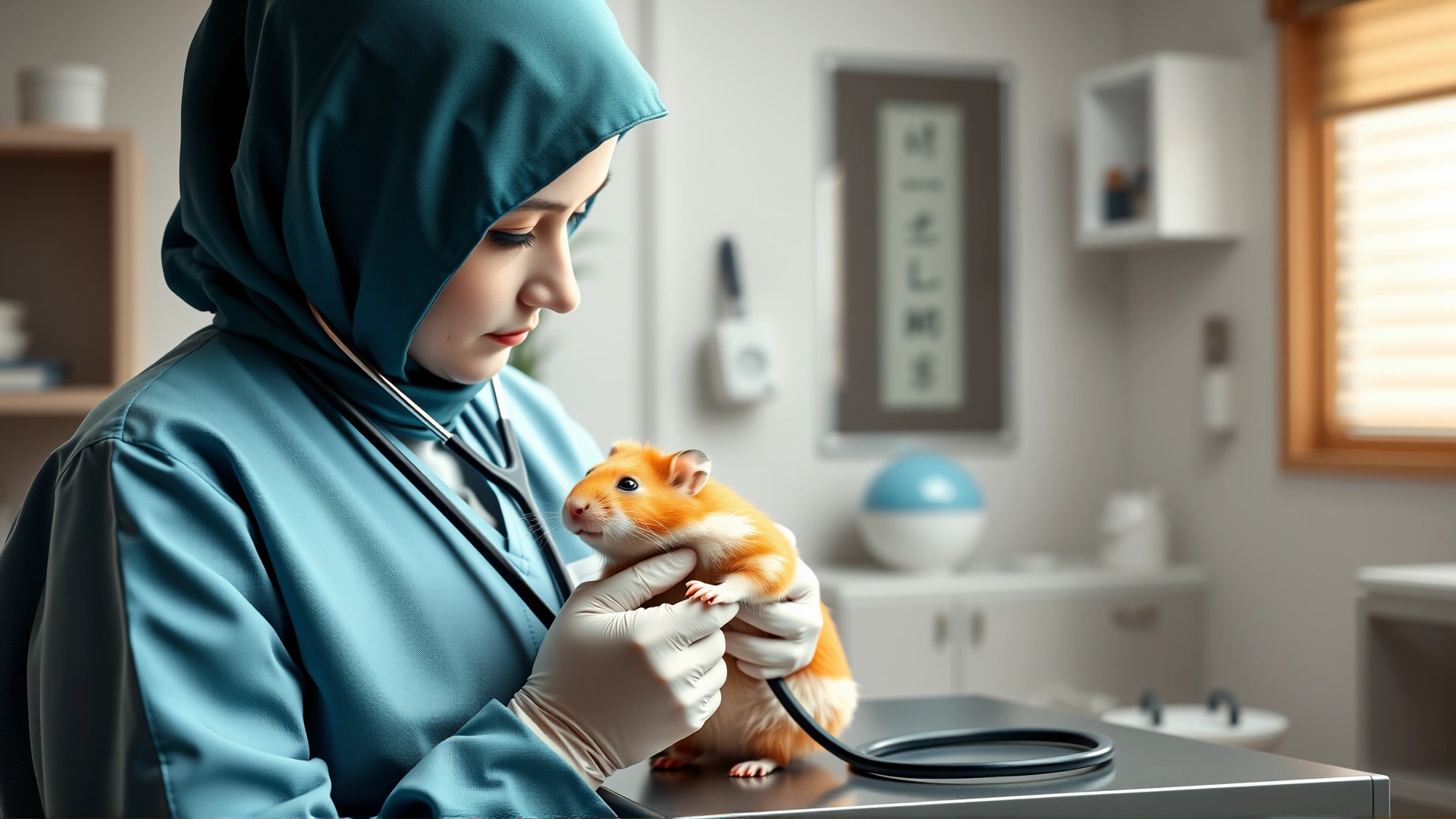 Professional veterinarian in clinic setting examining a hamster with stethoscope, clean bright environment, emphasis on animal care