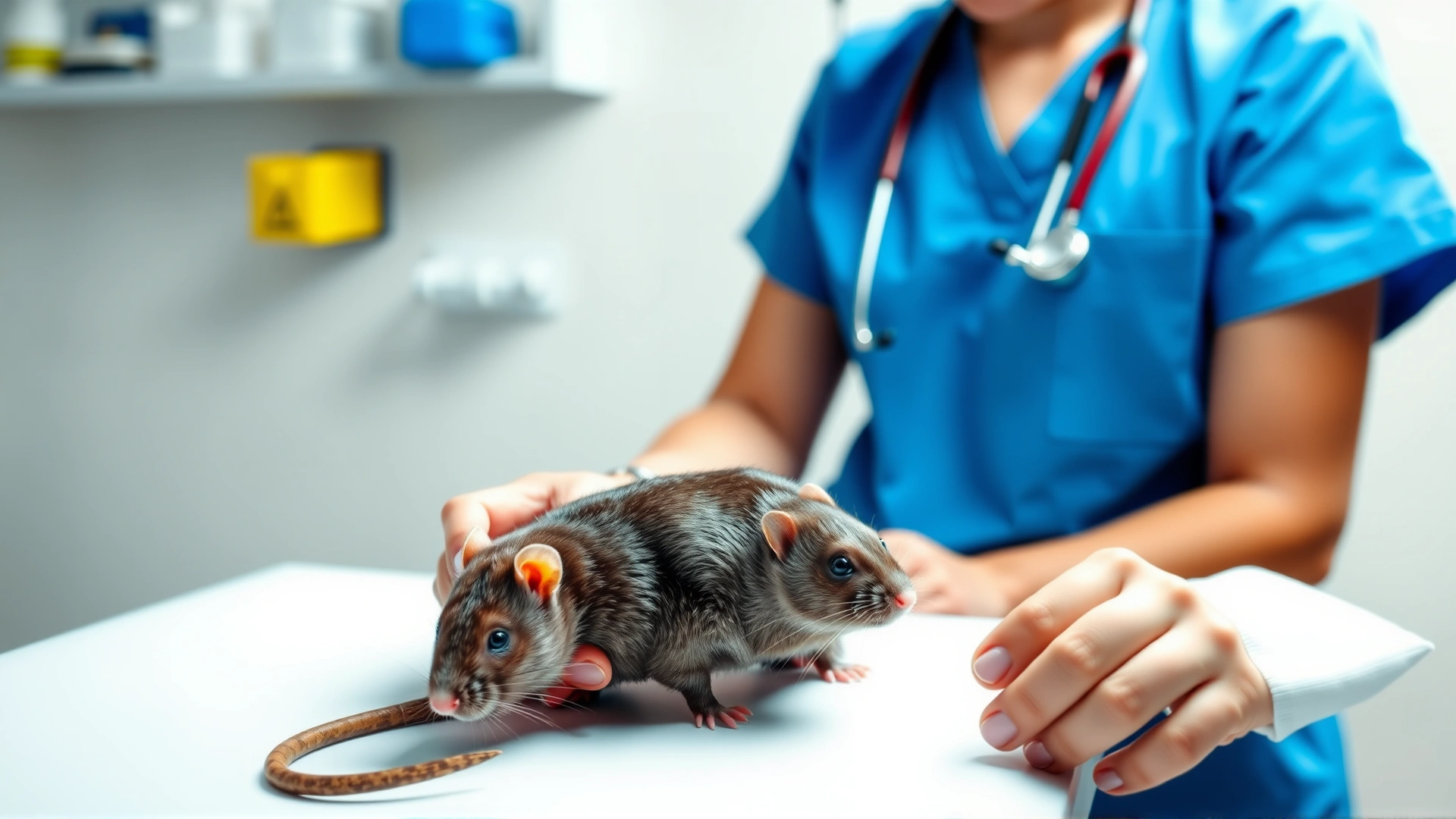Veterinarian wearing blue scrubs examining a pet rat on a white exam table, stethoscope visible, bright clinical setting