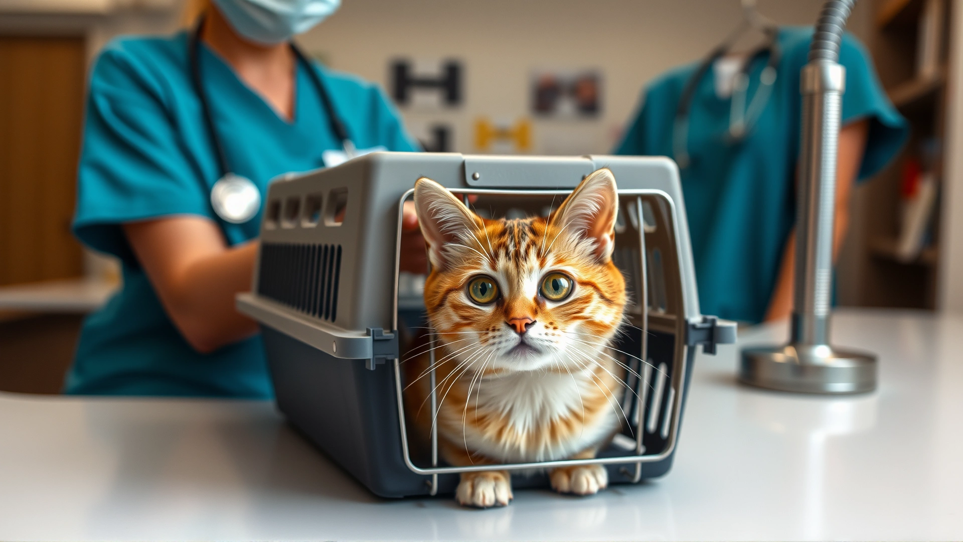 Cat peeking out of a carrier at a veterinary clinic reception desk while a vet in scrubs greets it softly.