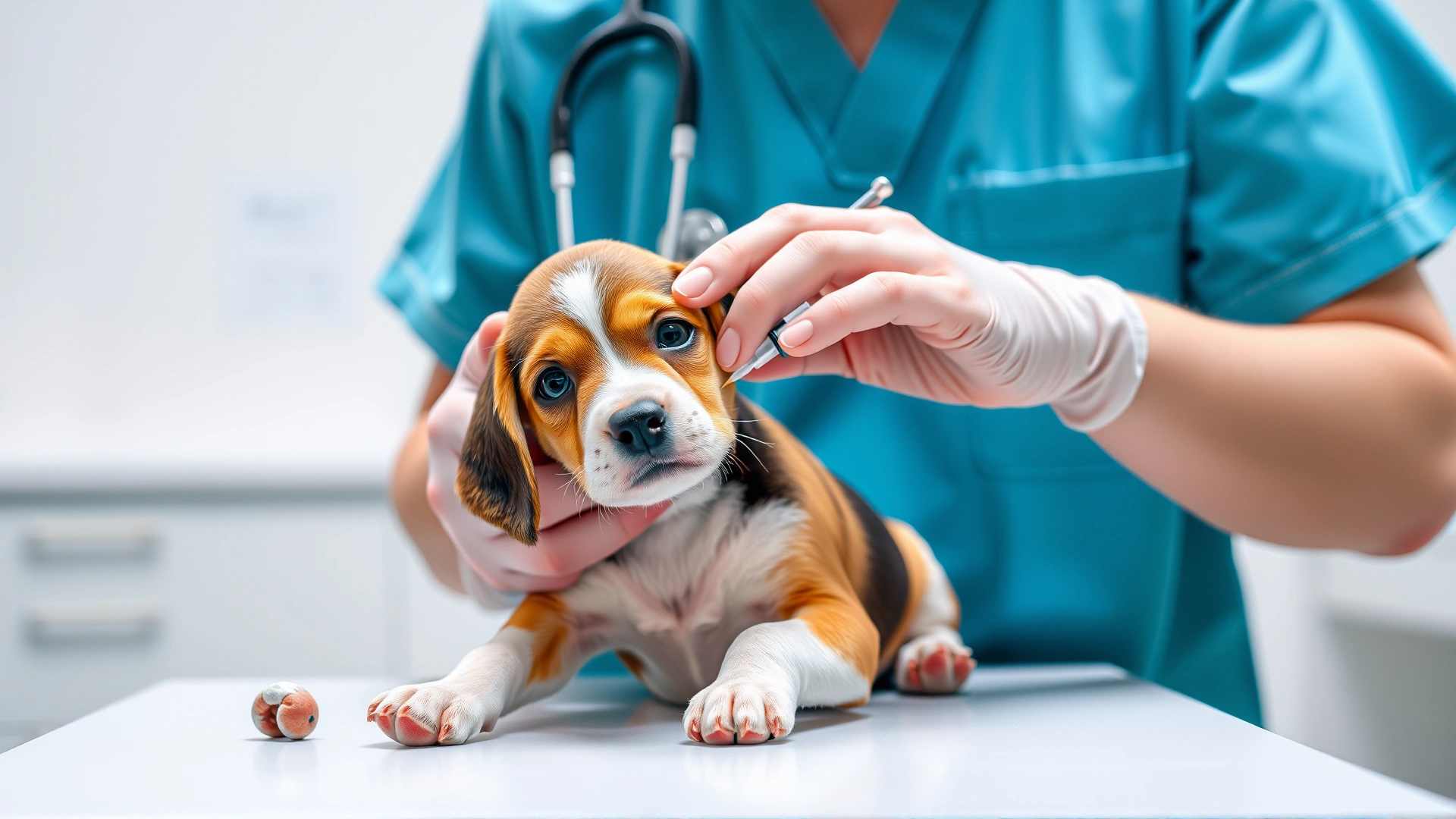 Veterinarian gently administering a vaccine to a small beagle puppy on an examination table, clinic background, bright lighting