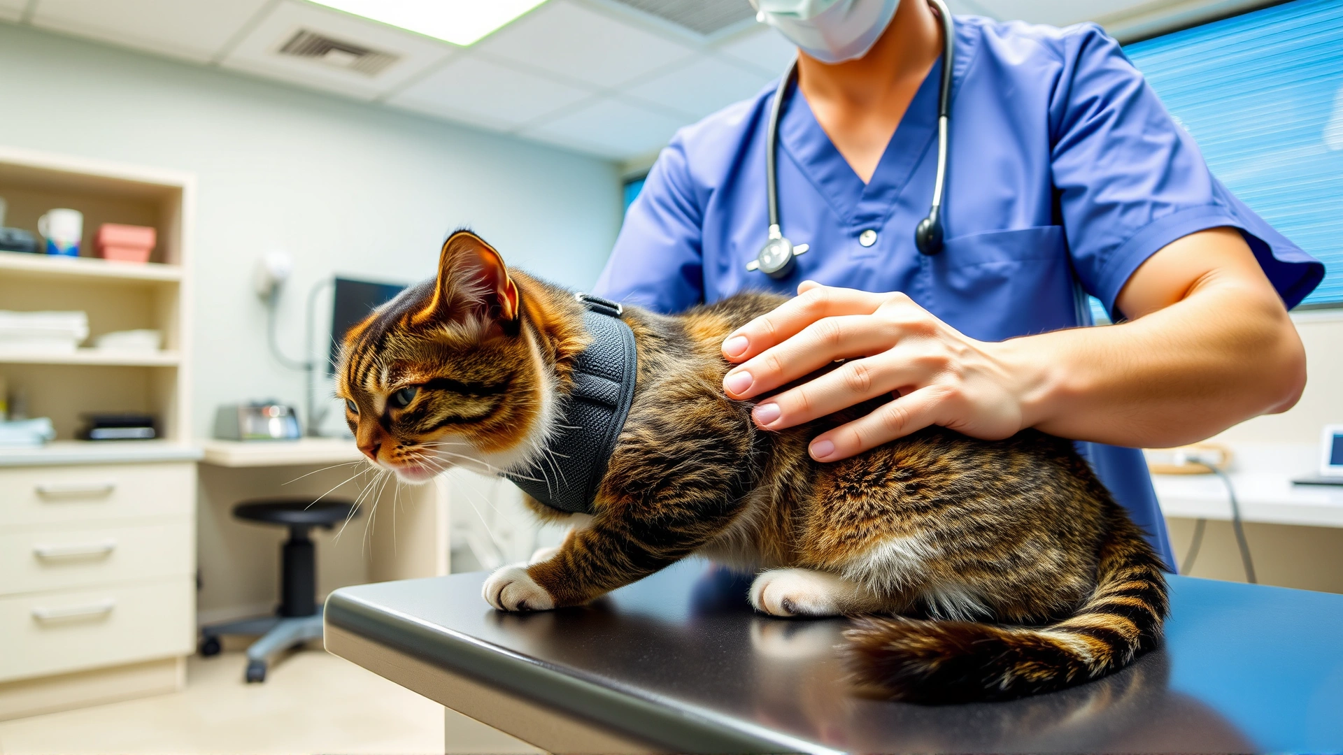 A veterinarian in a modern clinic gently examining a cat wearing a harness on the exam table, bright lighting