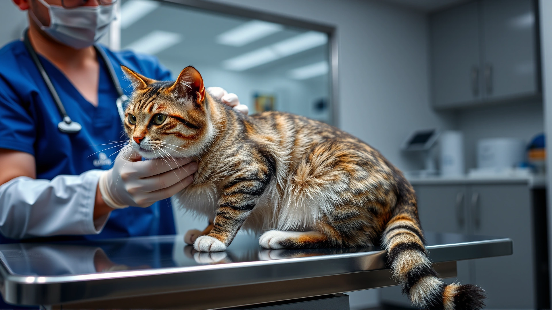 Domestic cat being examined by a veterinarian in a modern clinic, cat on stainless steel exam table