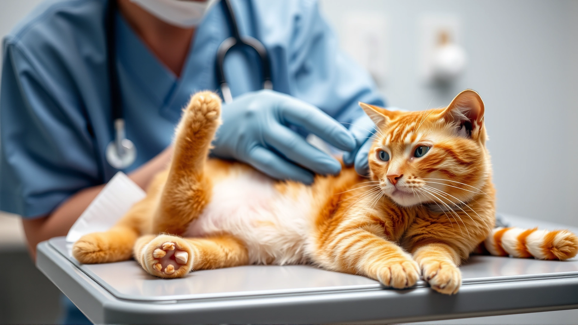 Veterinarian gently examining a ginger cat's abdomen on exam table