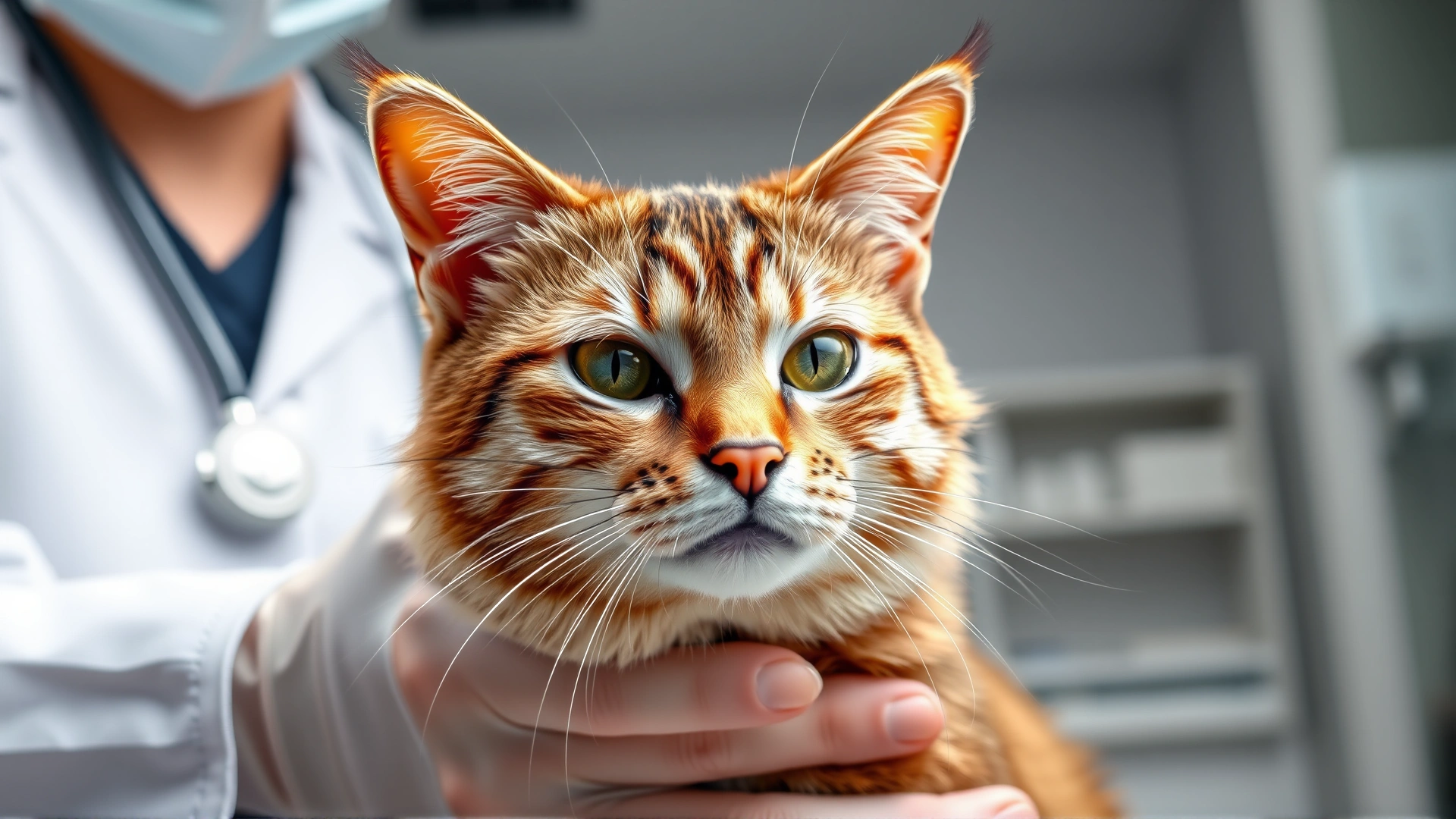 Calm cat being examined by a veterinarian wearing a white coat in a clean, modern clinic setting.