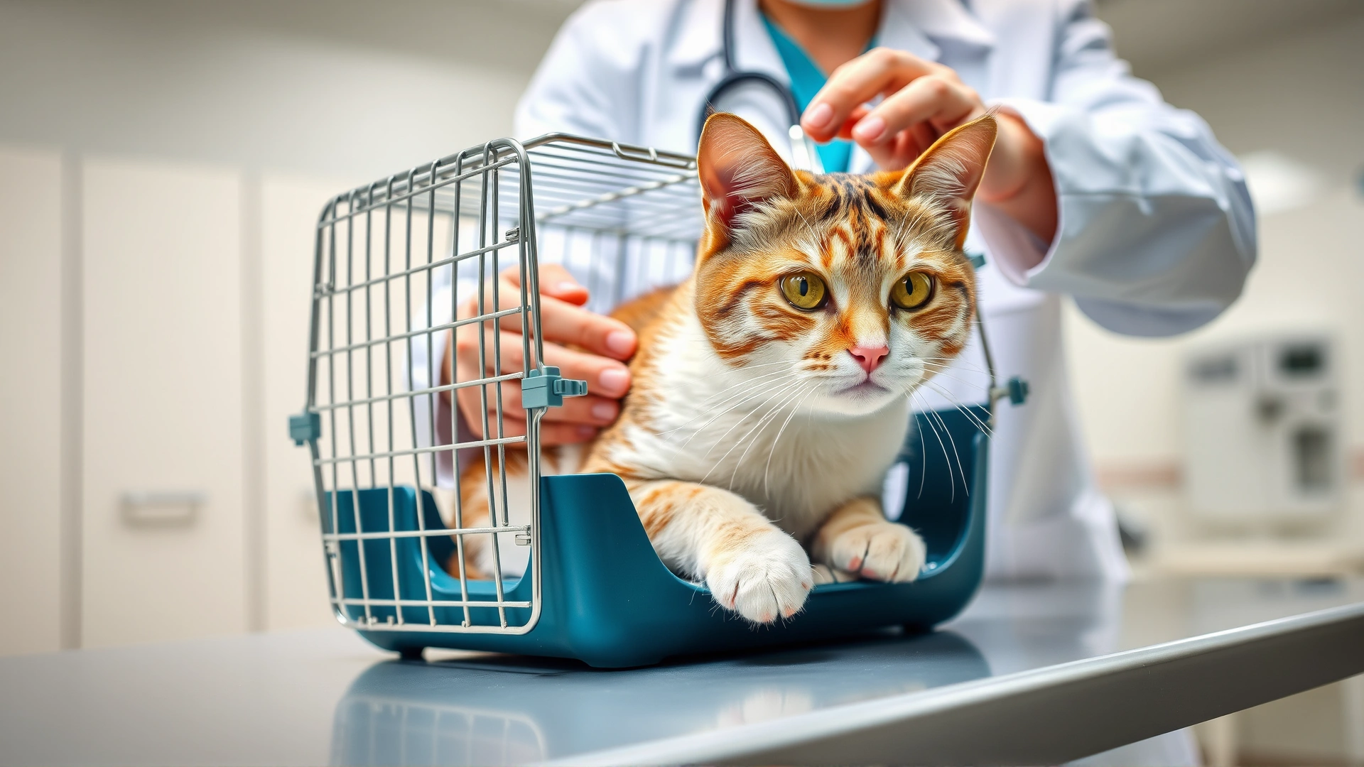 Domestic short-haired cat inside a carrier on a veterinary examination table, veterinarian in white coat gently checking the cat, bright clinical setting
