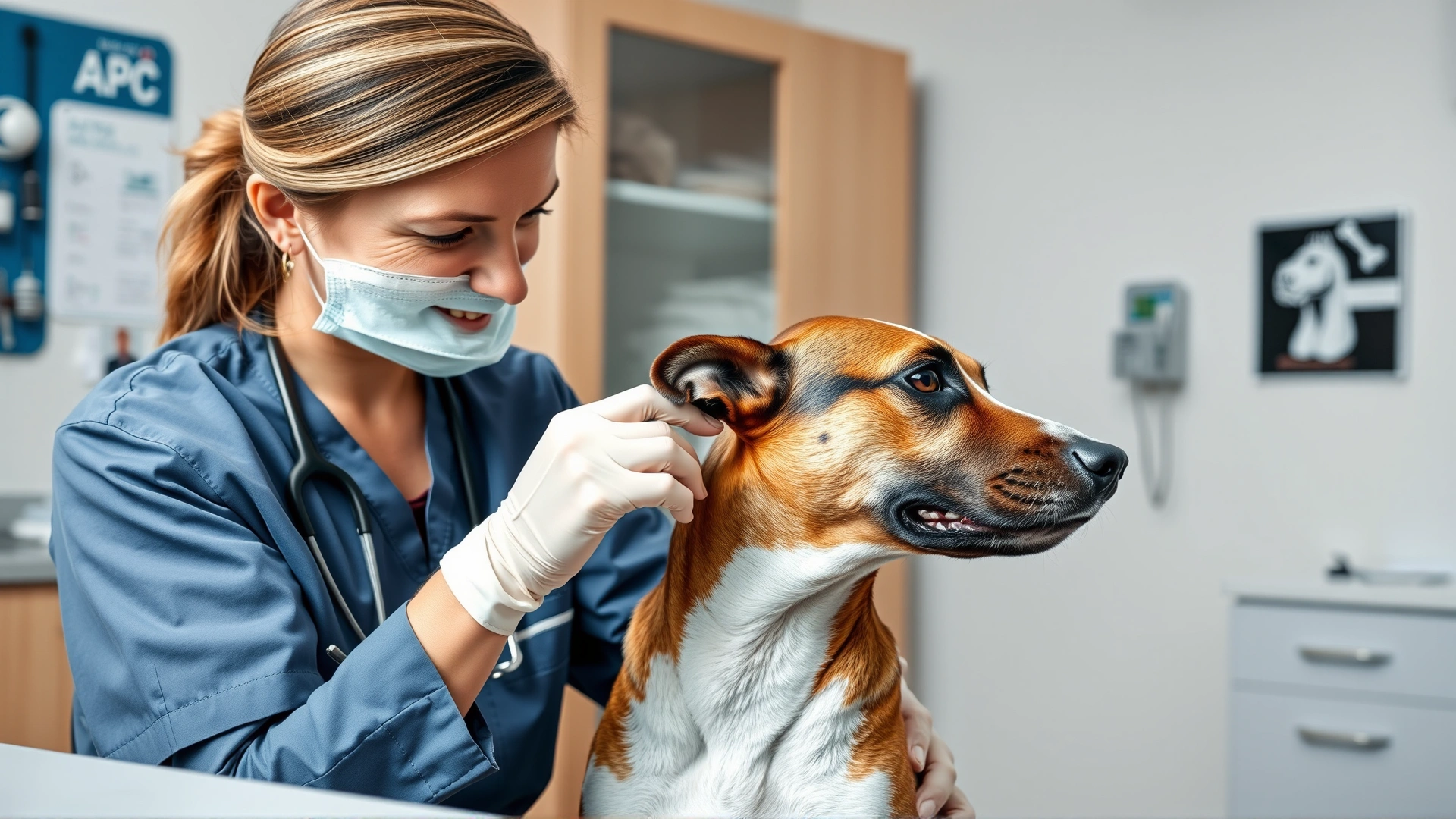 Friendly veterinarian examining a dog's ear in a well-lit clinic, conveying professional care for allergy complications.