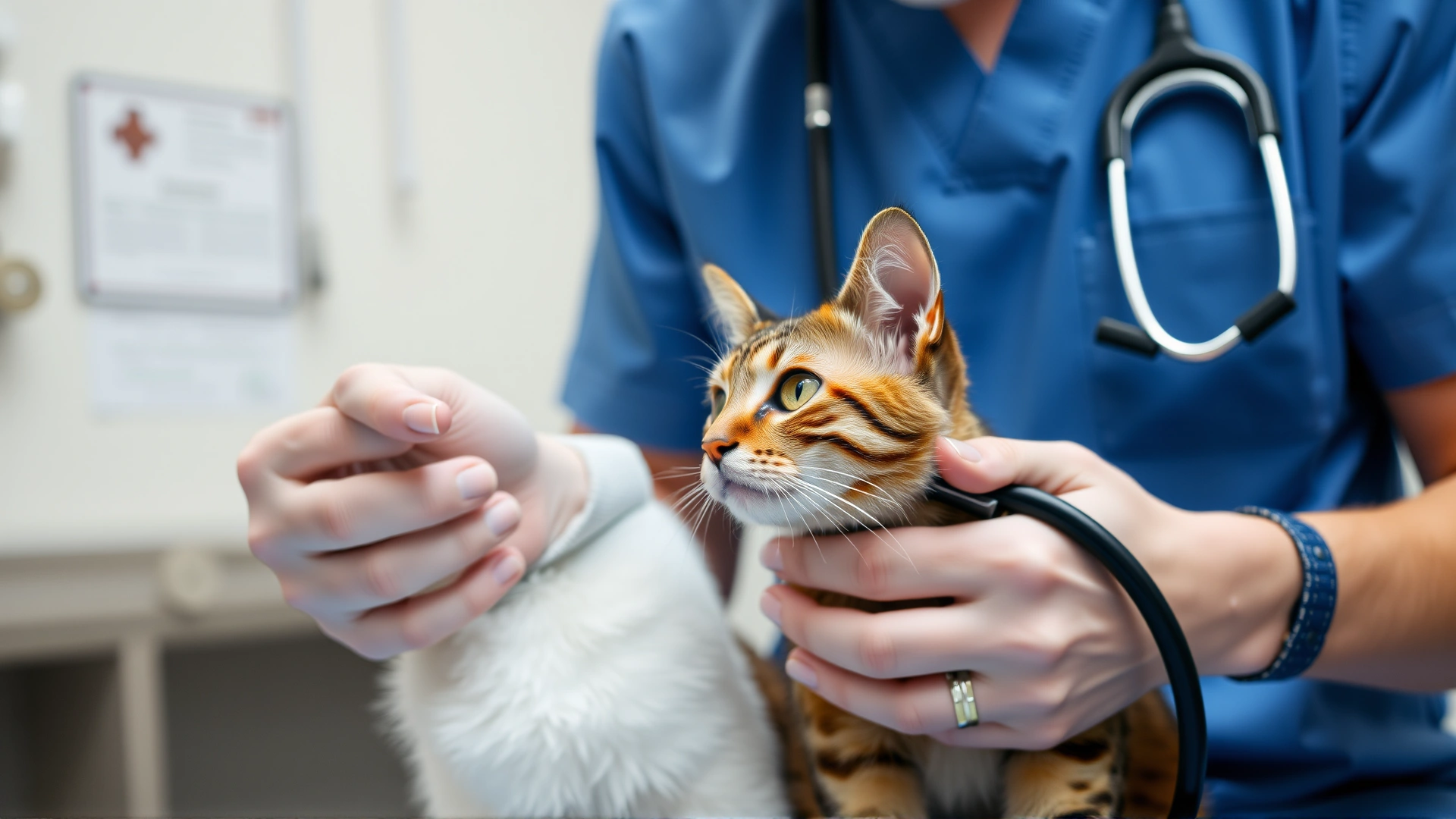 Cat being examined by a veterinarian wearing blue scrubs in a modern vet clinic, stethoscope visible.
