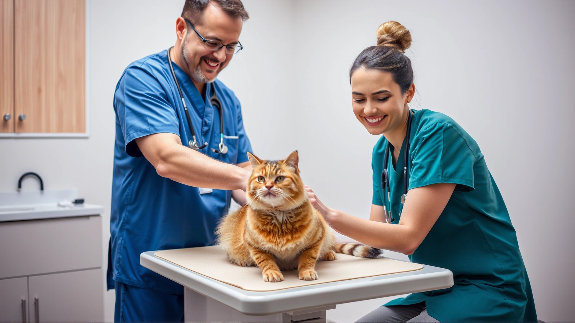 Friendly veterinarian gently examining a cat on a clinic table while the pet parent smiles nearby