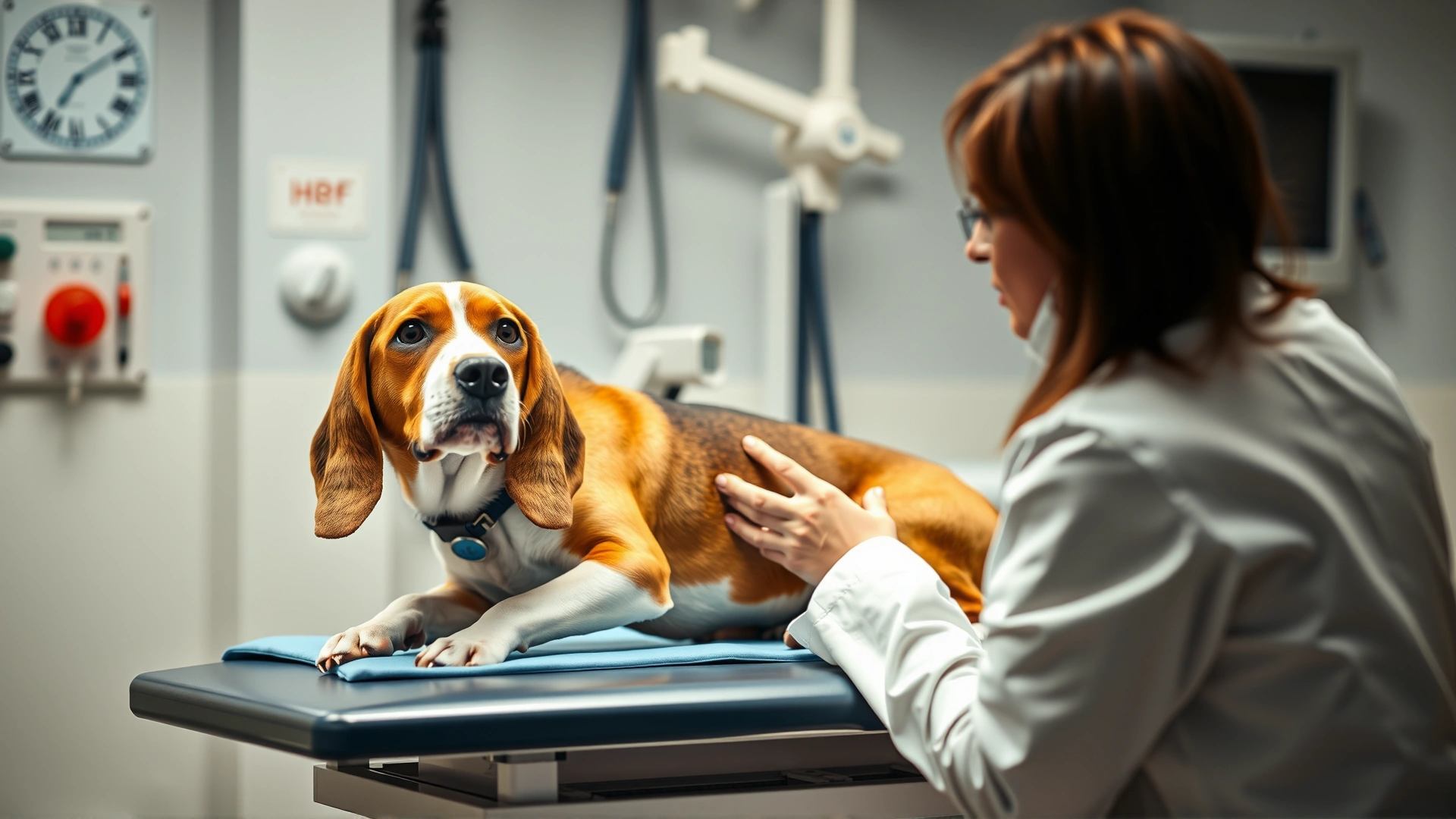 Veterinarian in a white coat examining a senior Beagle on an exam table, medical equipment blurred in the background, showing professional consultation.