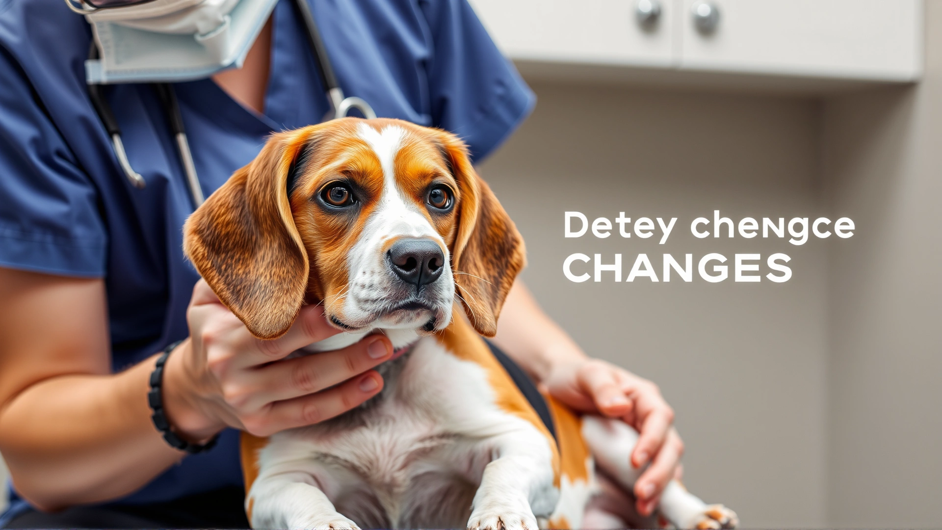 Veterinarian gently examining an older Beagle on an exam table, showing importance of professional consultation for dietary changes.