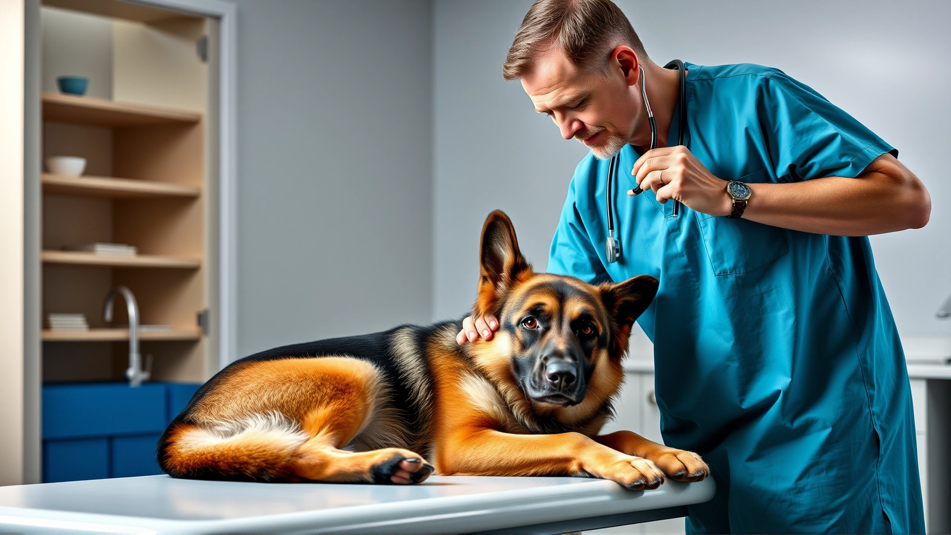 Veterinarian using a stethoscope to examine a calm Dutch Shepherd on an exam table inside a modern clinic.