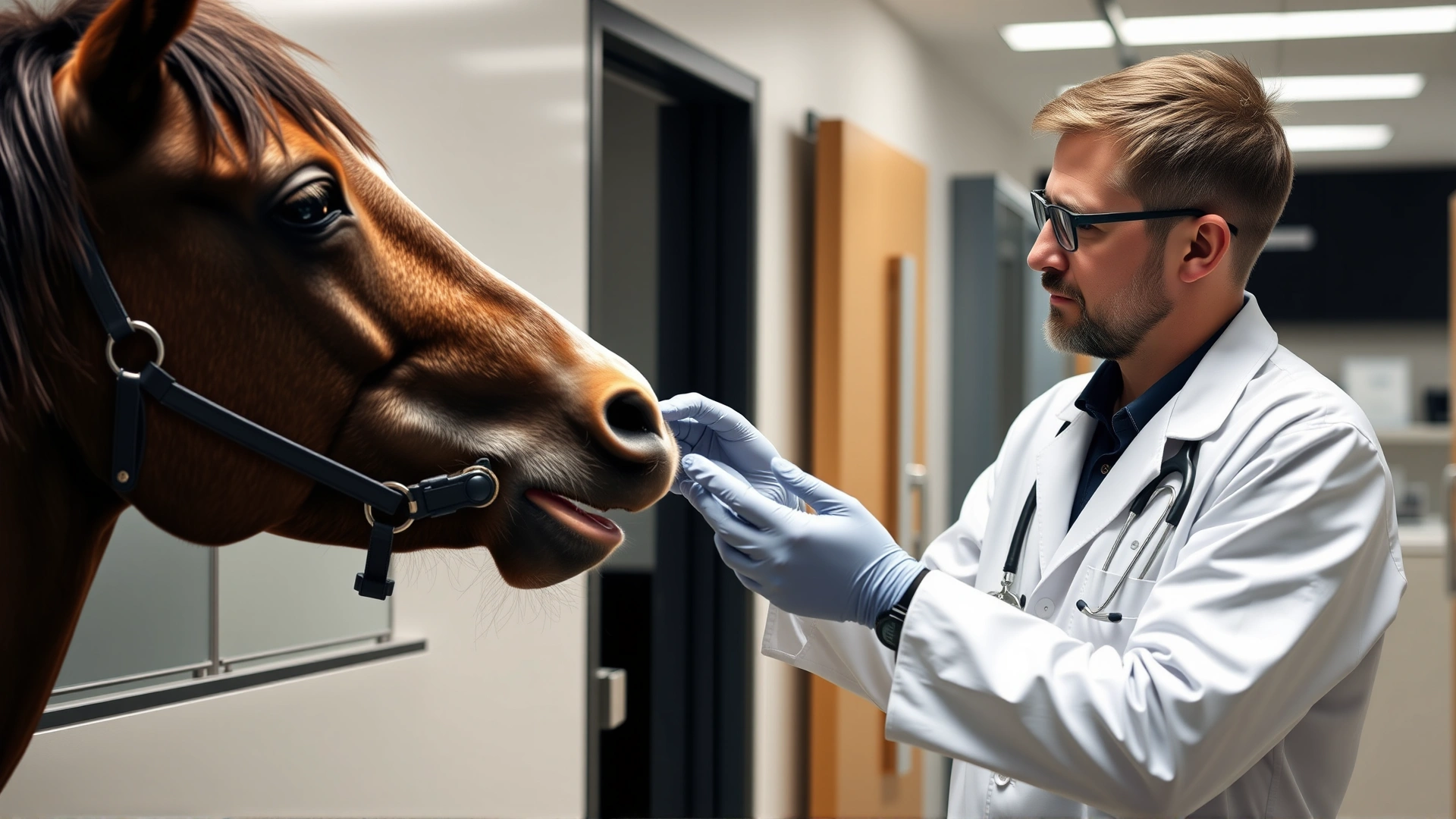 Equine veterinarian in a white coat examining a horse’s mouth in a modern clinic, emphasizing responsible care.