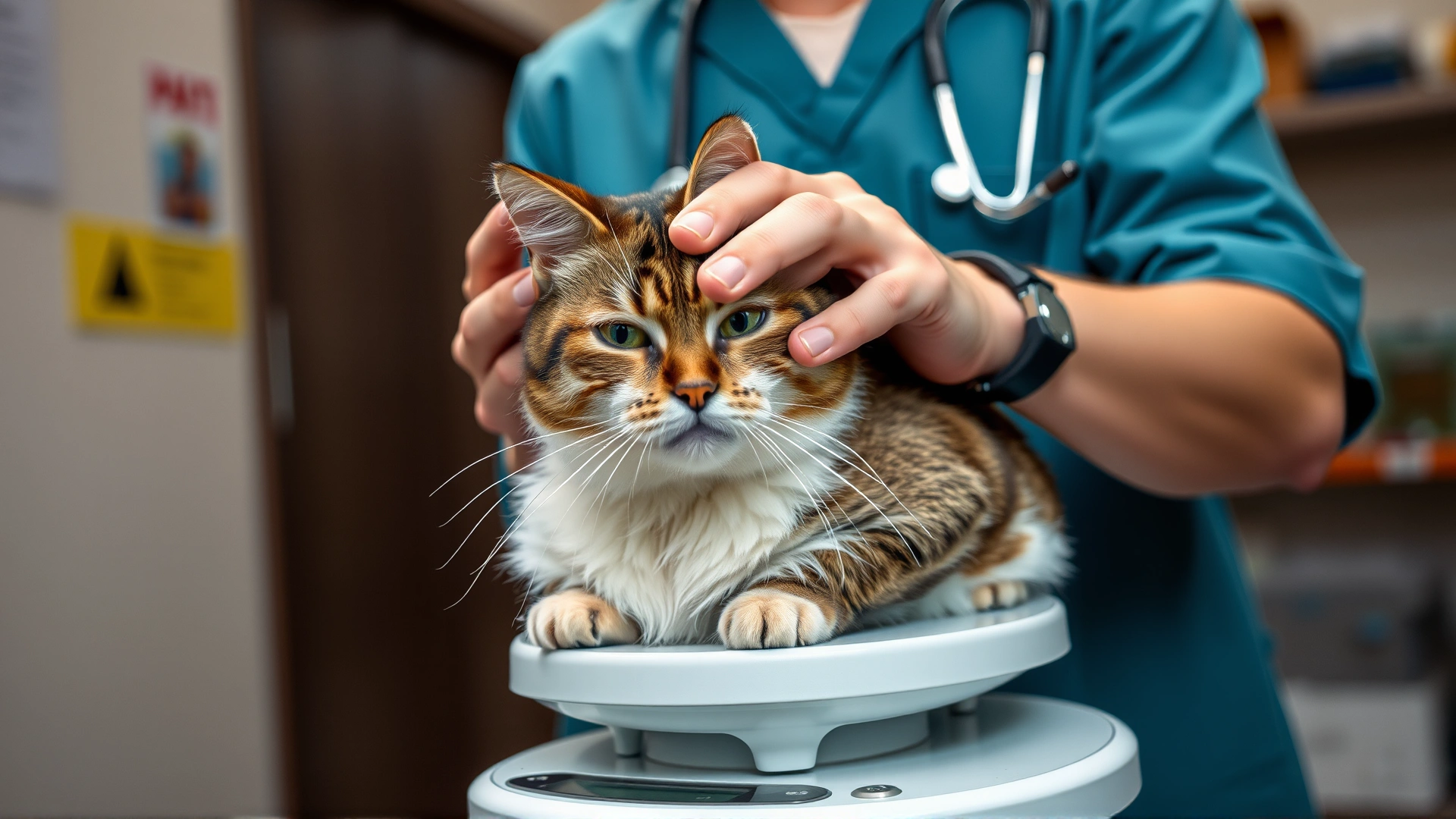 Close-up of a veterinarian gently weighing an adult cat on a clinical scale inside a veterinary office, emphasizing professional care