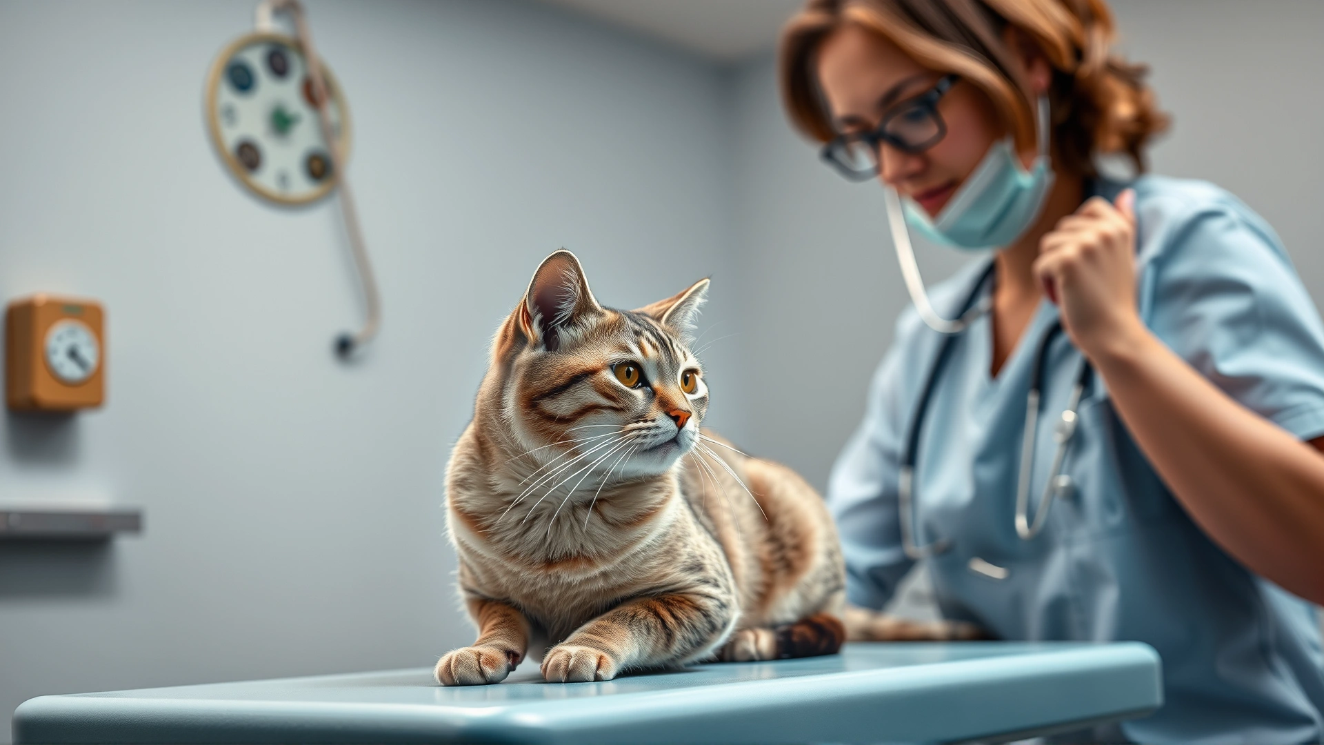 Friendly veterinarian examining a domestic short-haired cat on an exam table, with stethoscope and warm clinic lighting