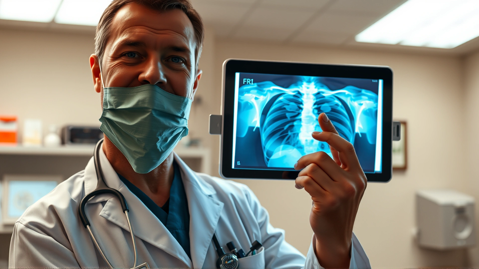 Veterinarian holding up a cat thoracic X-ray on a light box, pointing to lung area, clinical environment in background