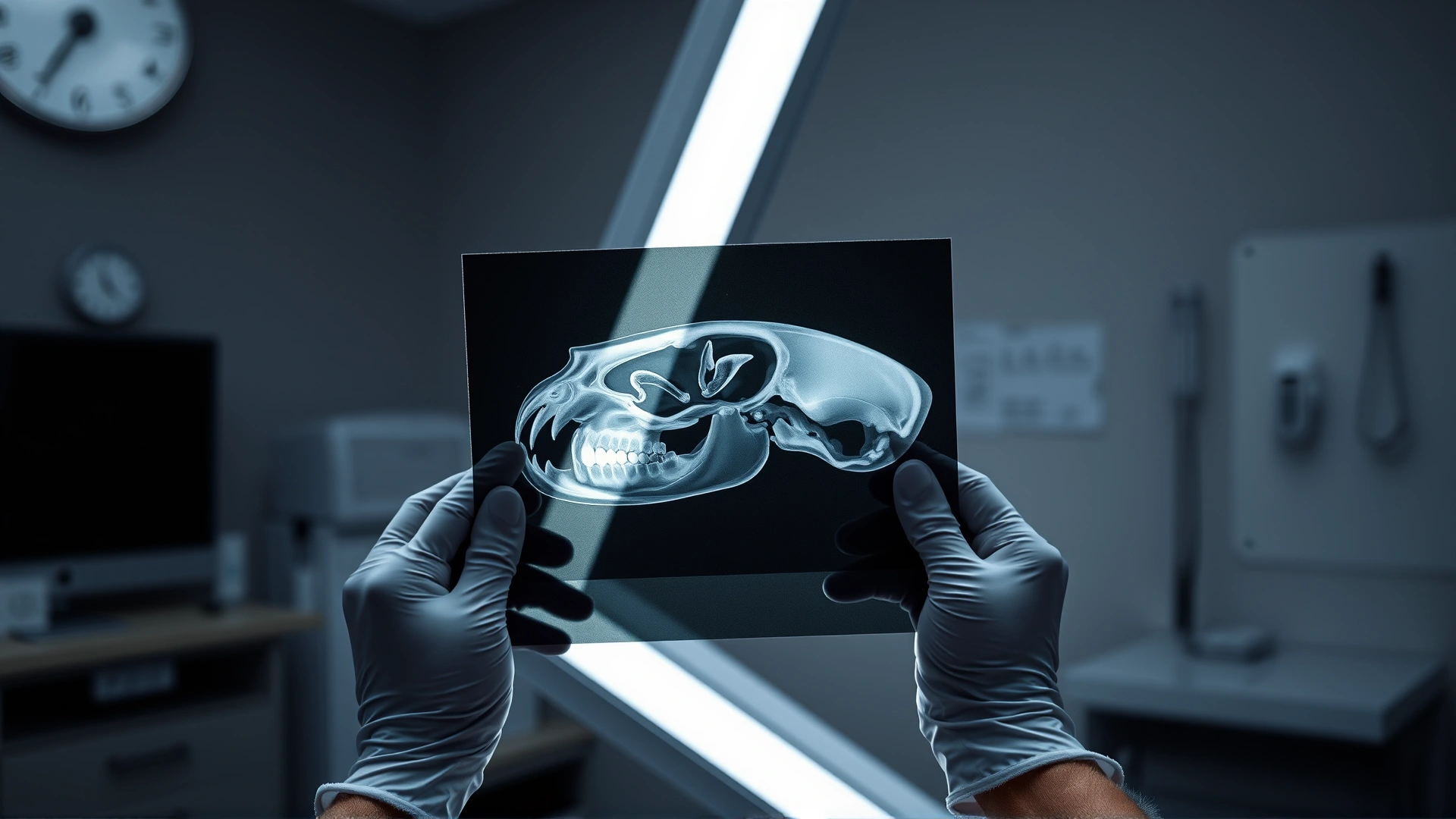 Veterinarian holding a dental X-ray film of a cat skull against a lightbox; hands wearing gloves, clinic setting in background.