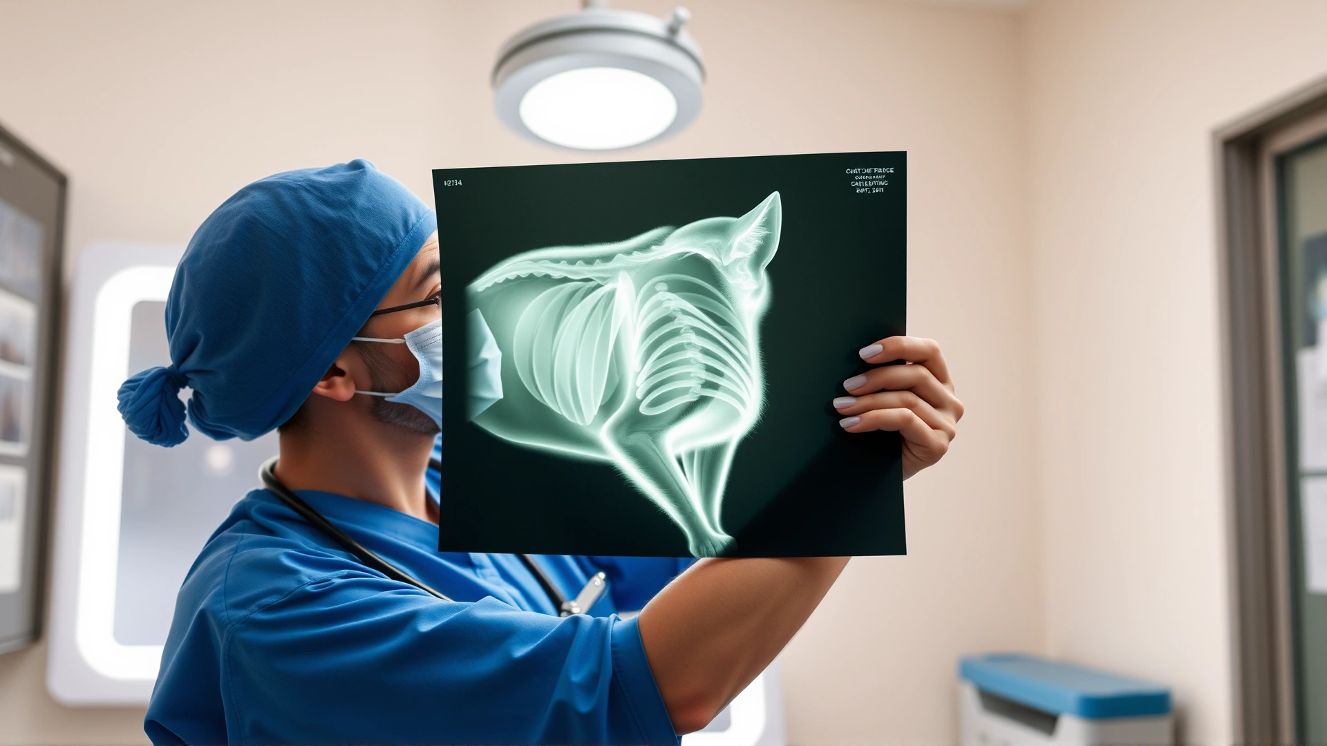 Photo of a veterinarian in blue scrubs holding a cat chest X-ray against a lightbox inside a clinic