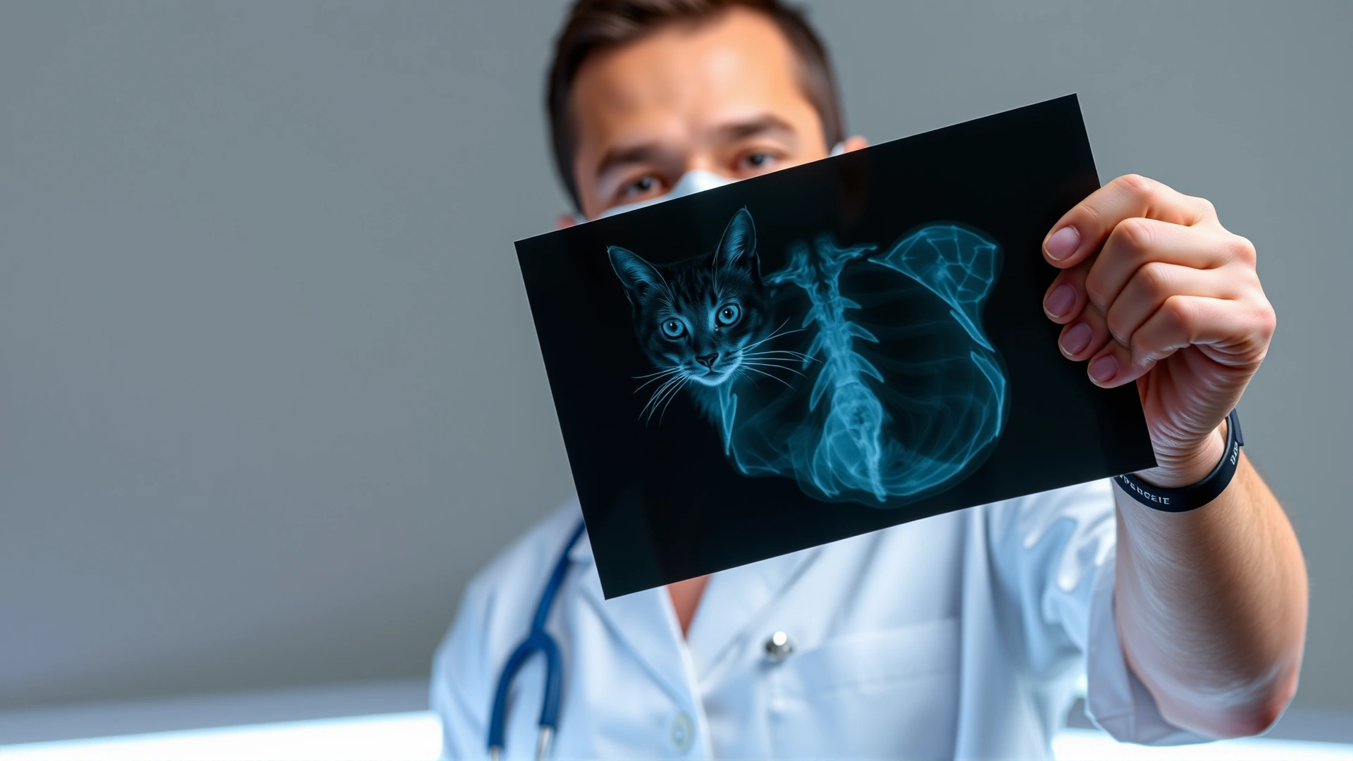 Veterinarian holding up a chest X-ray film of a cat against a lightbox in a clinical setting.