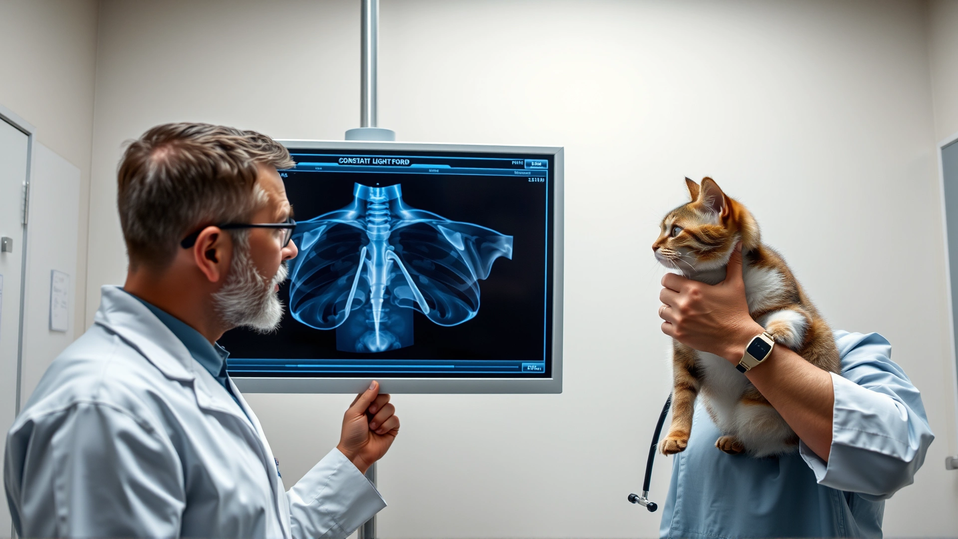 Veterinarian reviewing a cat's chest X-ray on a light board in a modern clinic.