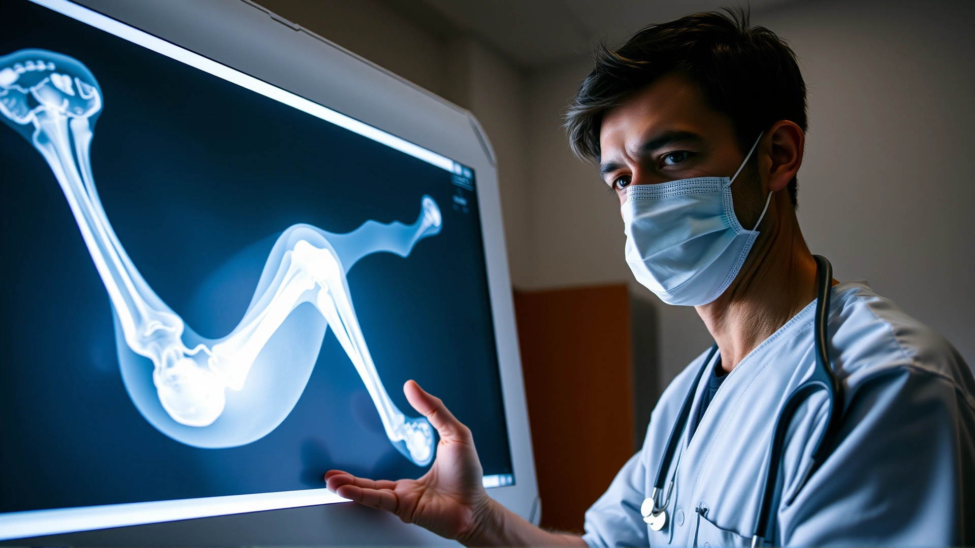 Close-up of a veterinarian holding and analyzing an X-ray image of a horse limb on a light box inside a clinic