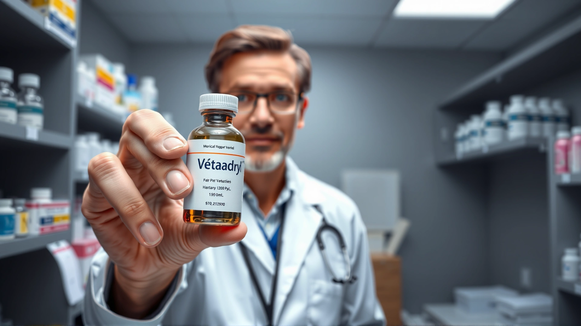 A veterinarian holding a small bottle labeled 'Vetadryl' in a veterinary pharmacy setting, neutral background, high detail.