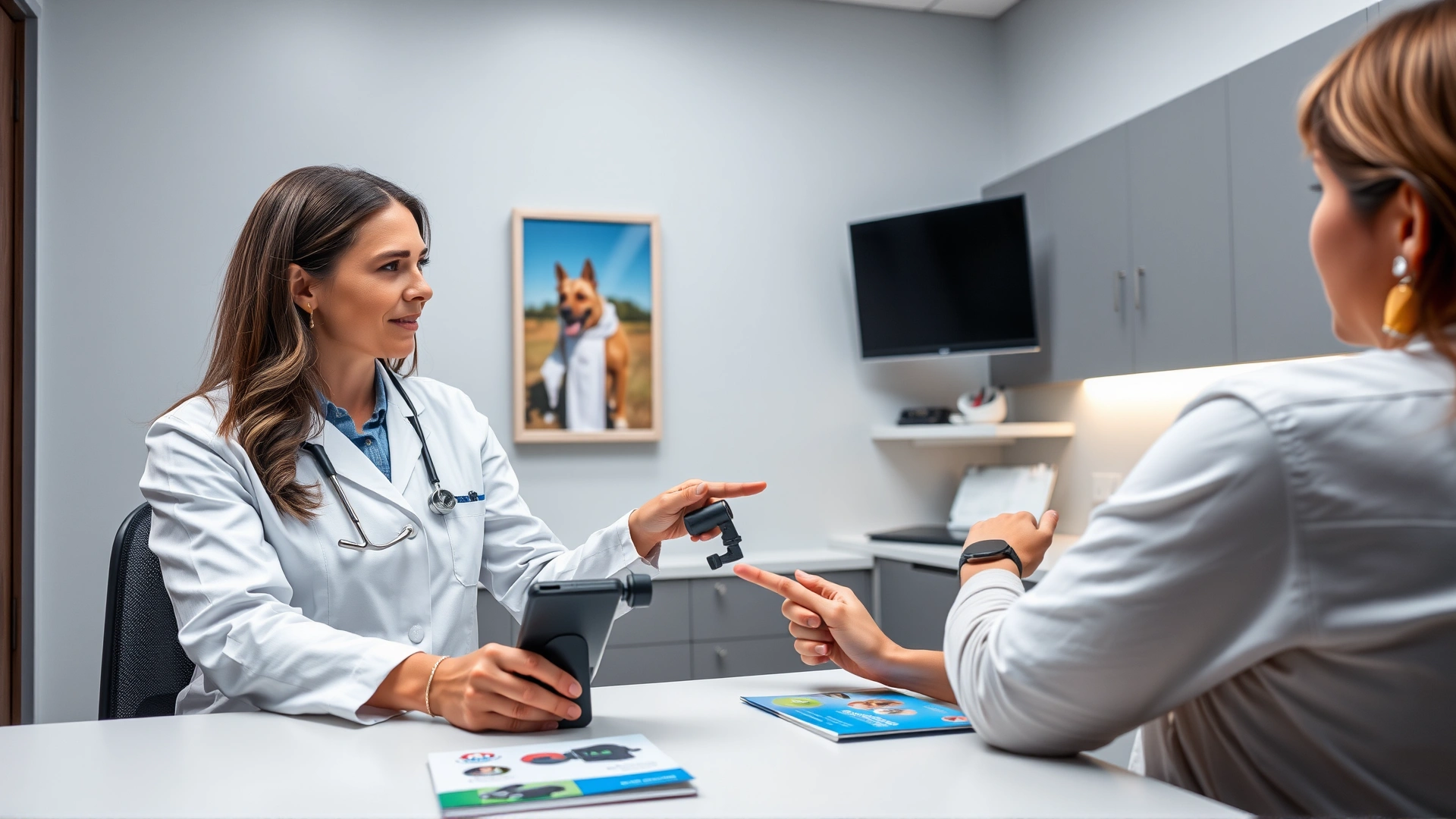 Female veterinarian discussing ear care with a pet owner in a modern consultation room, pointing at an otoscope and product brochure on the desk.